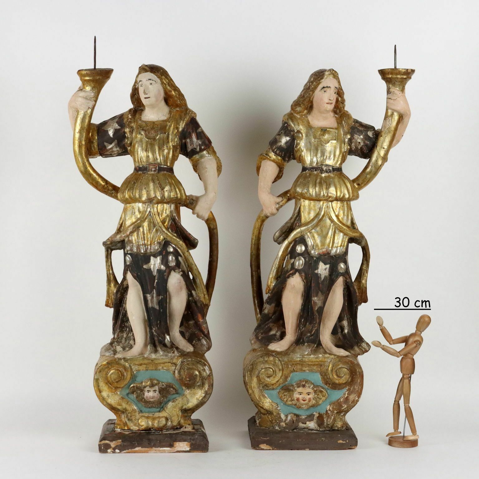 Antique Candle Holders Angel Shaped Lacquered Wood XVIII Century photo furniture