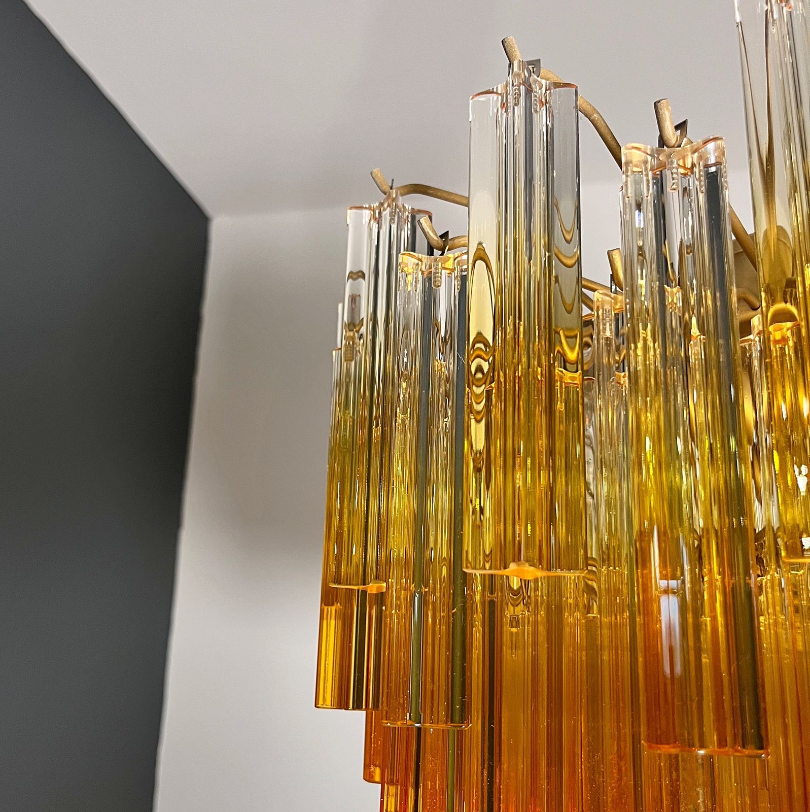 Gorgeous Vintage Chandelier – 107 Quadriedri Amber Shade   Gold Metal Frame photo vinterior