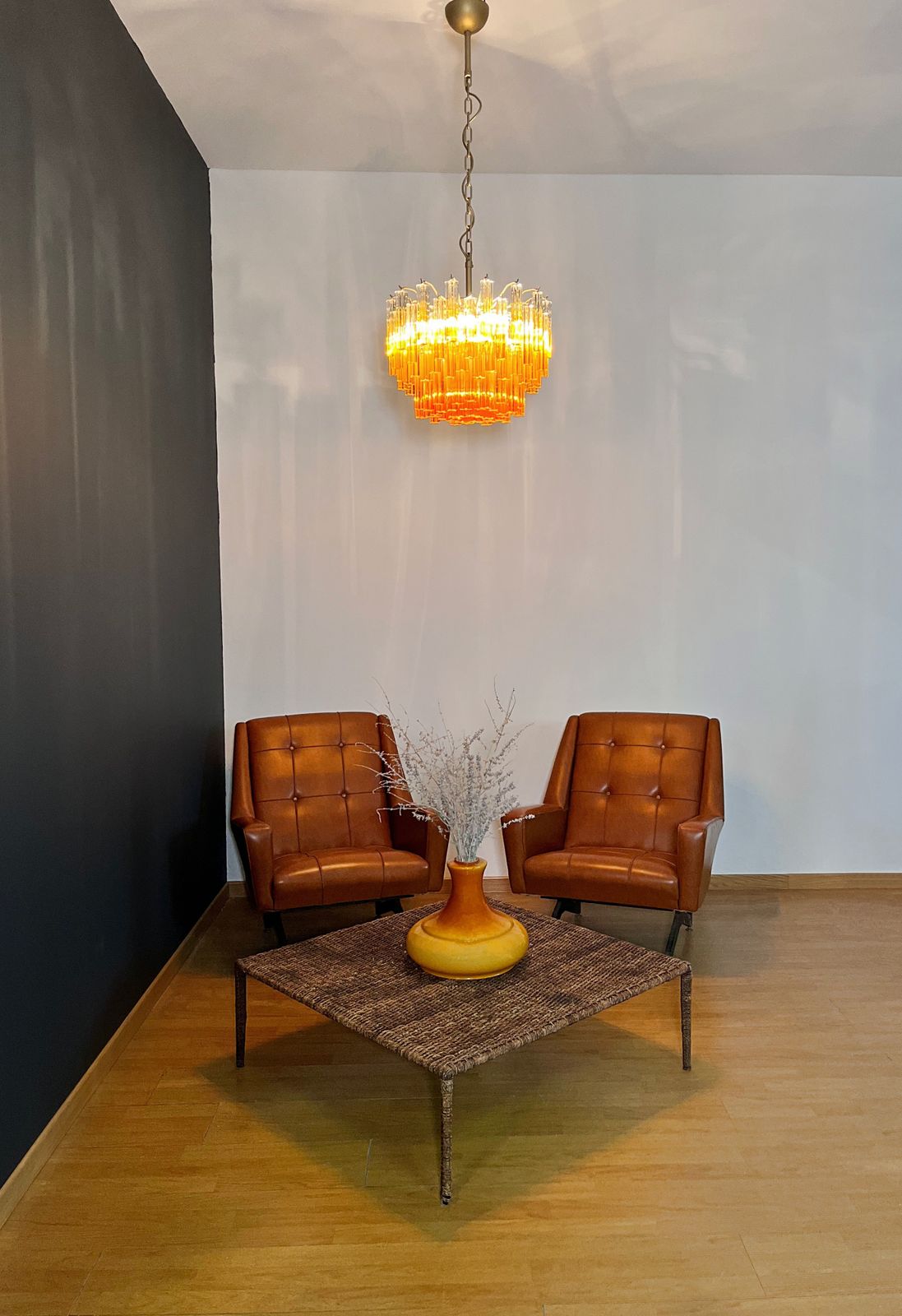 photo furniture Gorgeous Vintage Chandelier – 107 Quadriedri Amber Shade   Gold Metal Frame