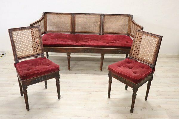 photo buy Walnut And Vienna Straw Sofa With Chairs,18th Century, Set Of 3