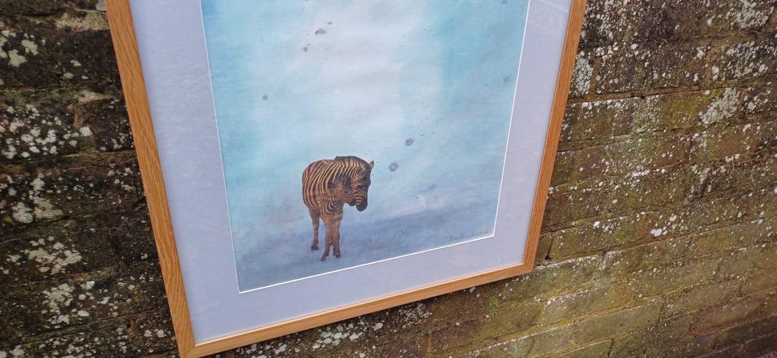 Large Original Mixed Media Painting Of Two Zebras Titled Reunited, Watercolour & Collage, Professionally Framed (Dorothea Huntrods) photo for sale