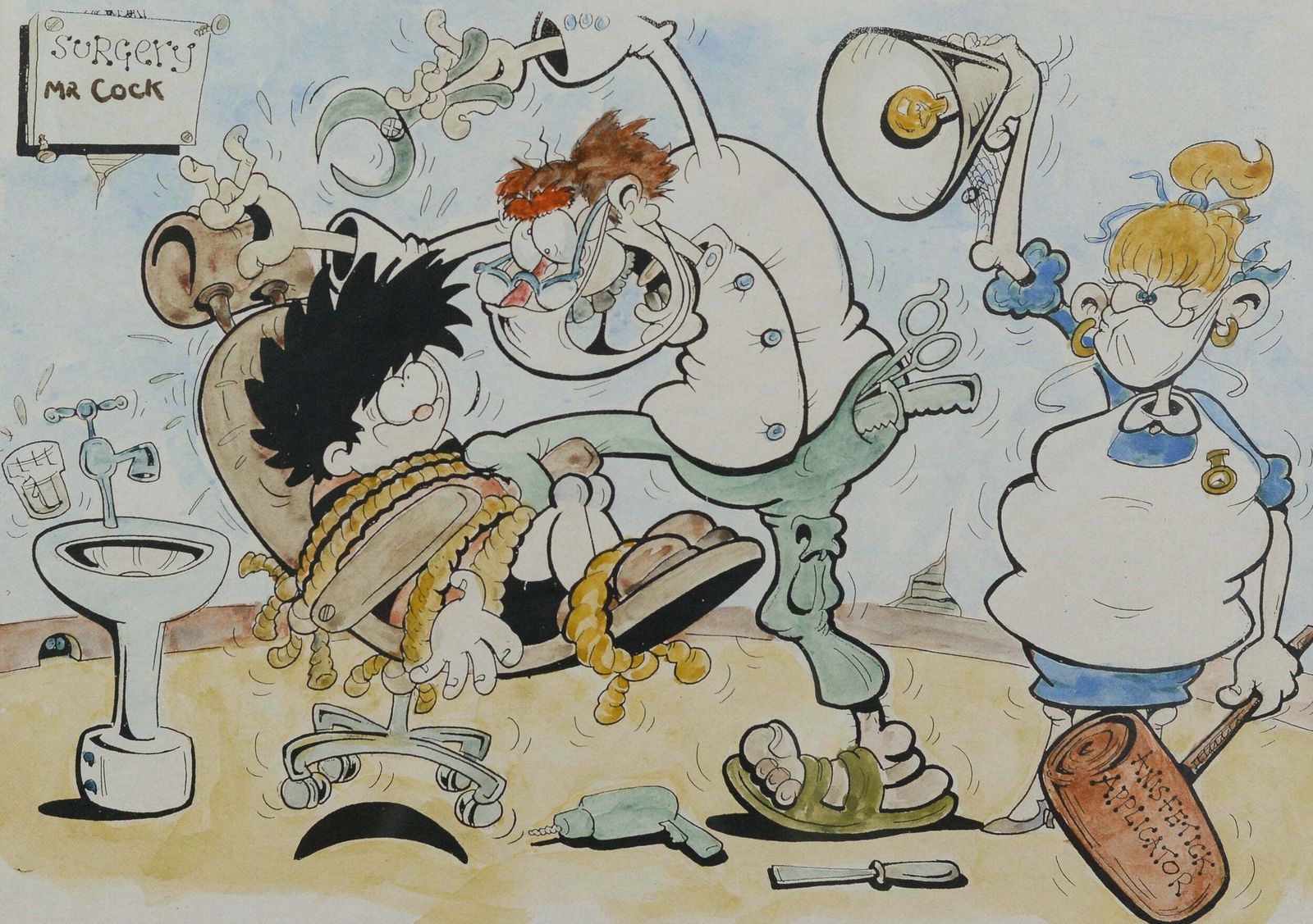 Original Pen Ink Watercolour Dennis The Menace ( Beano ) Cartoon   Dentist Visit