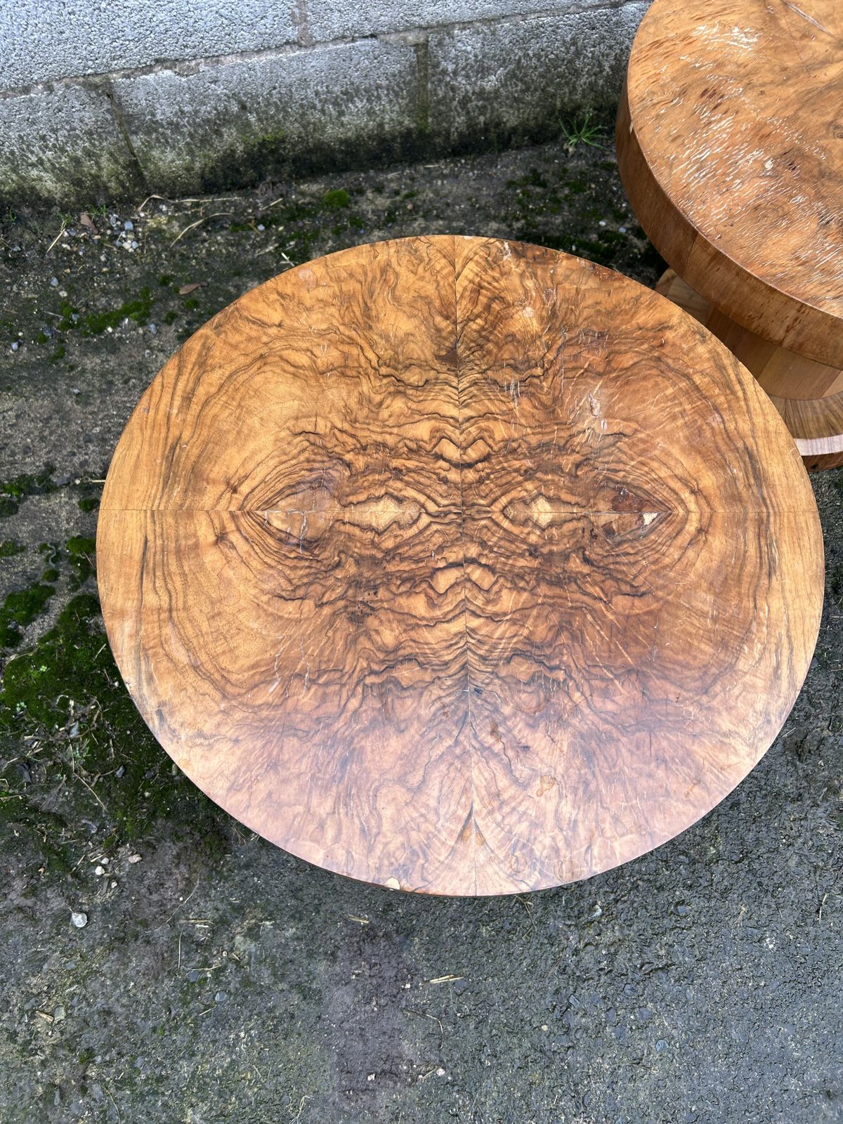 photo for sale Pair Of Art Deco, Burr Walnut Circular Side Tables