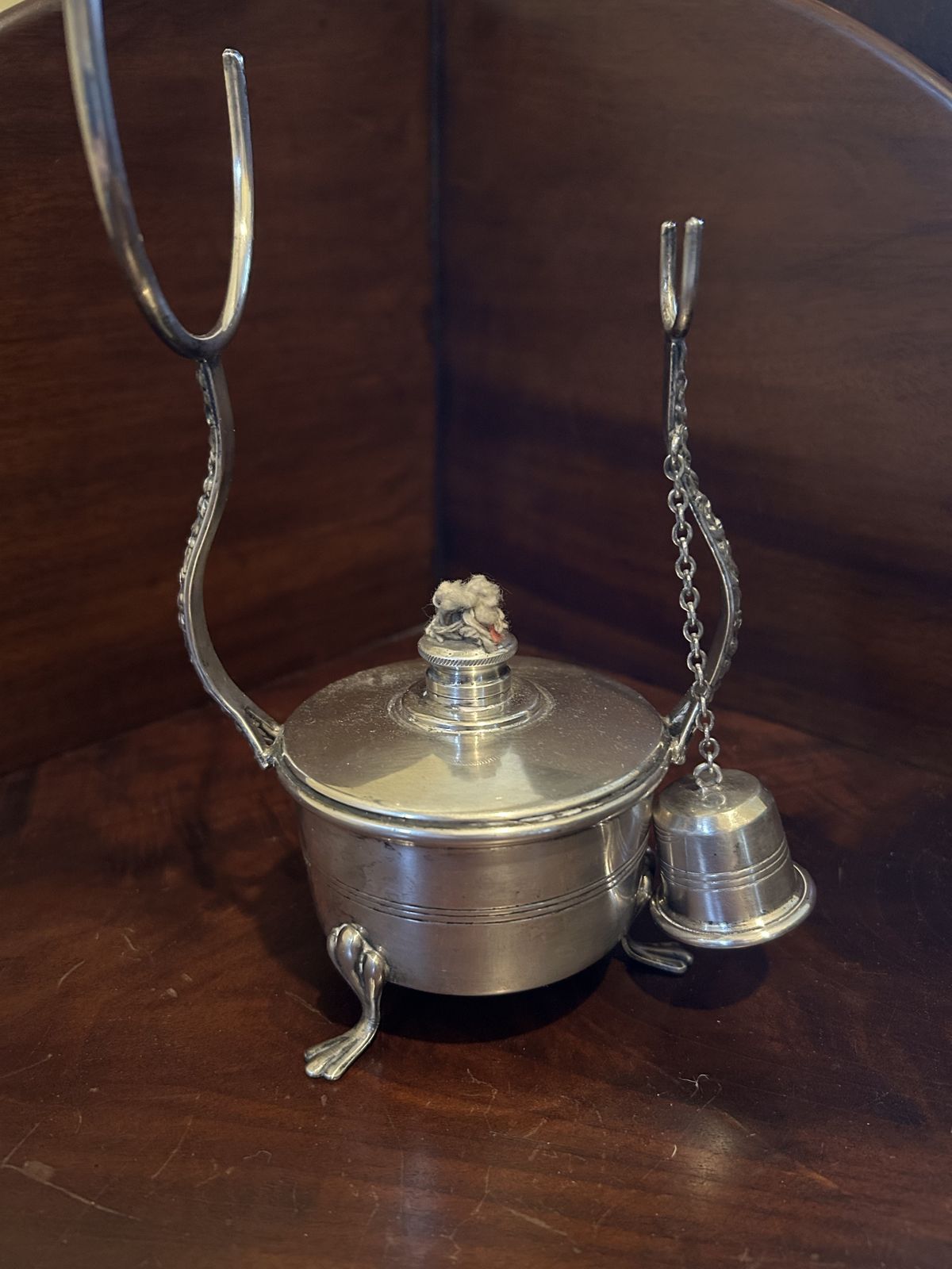 photo furniture 1950s P.H. Vogel And Co Silver Plated Brandy Warmer And Glass Stand