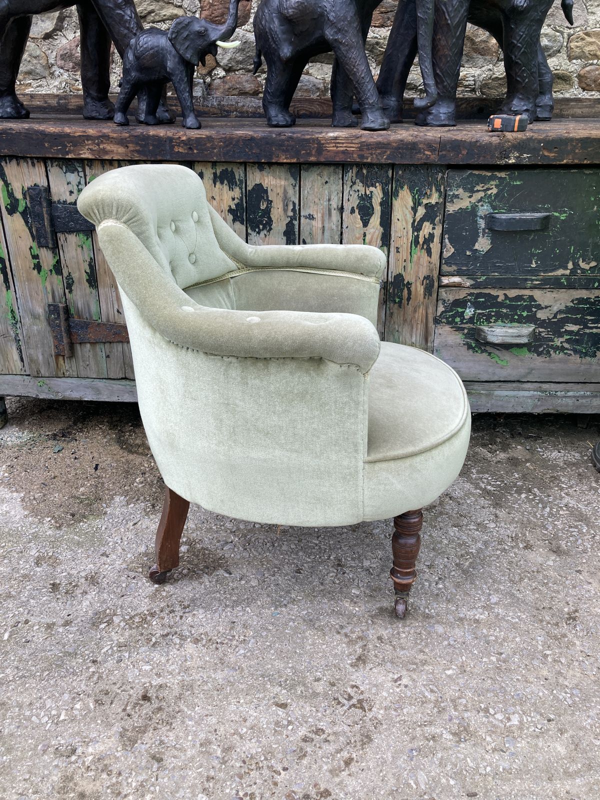 Victorian Green Velvet, Circular Chair With Walnut Legs On 4 Castors photo for sale