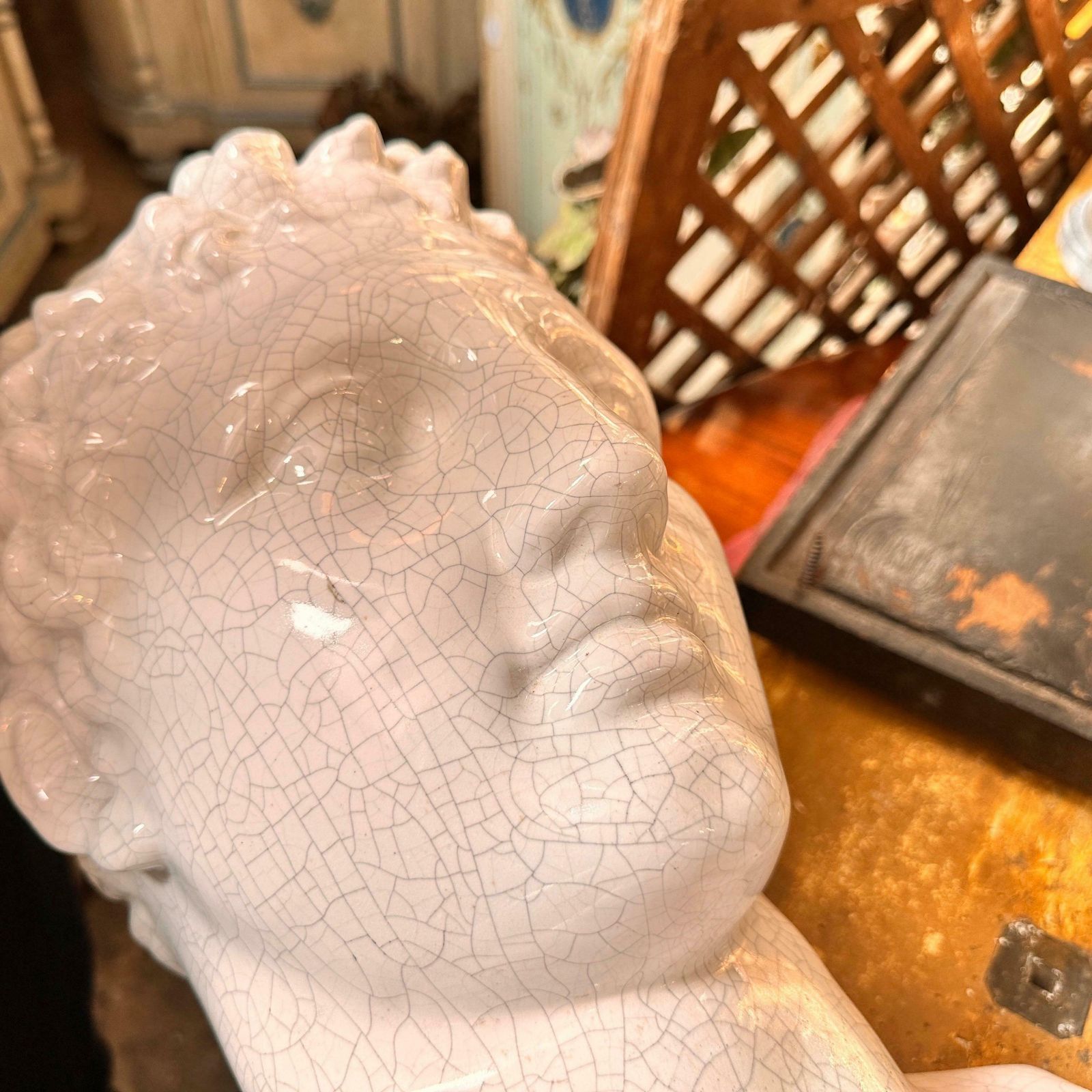 1950s Neoclassical White Crackled Ceramic Italian Bust Of Antinoo photo vintage