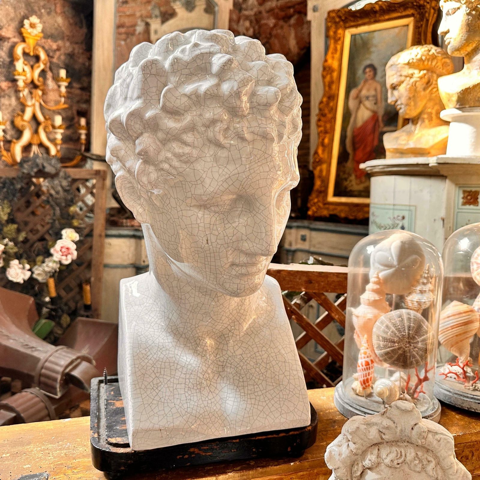 photo for sale 1950s Neoclassical White Crackled Ceramic Italian Bust Of Antinoo
