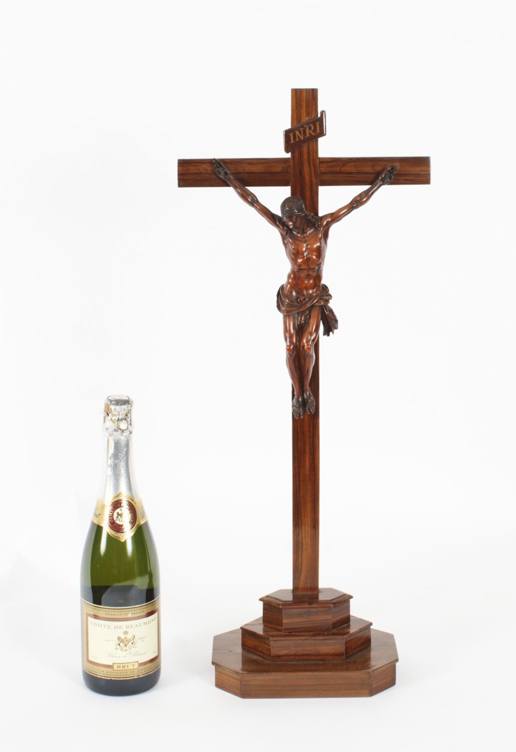 photo for sale Antique 2ft French Box Wood Corpus Christi Olive Wood Cross & Base 17th C