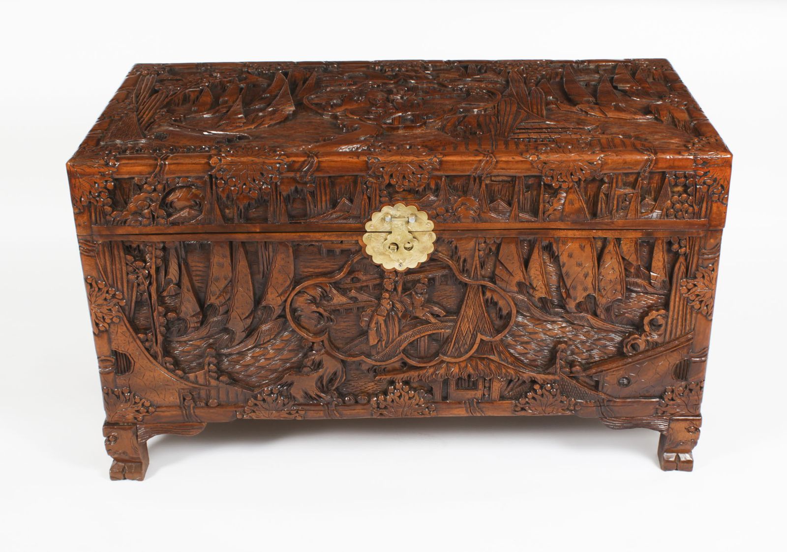 Antique Chinese Carved Camphor Wood Trunk Coffer 20th Century photo furniture
