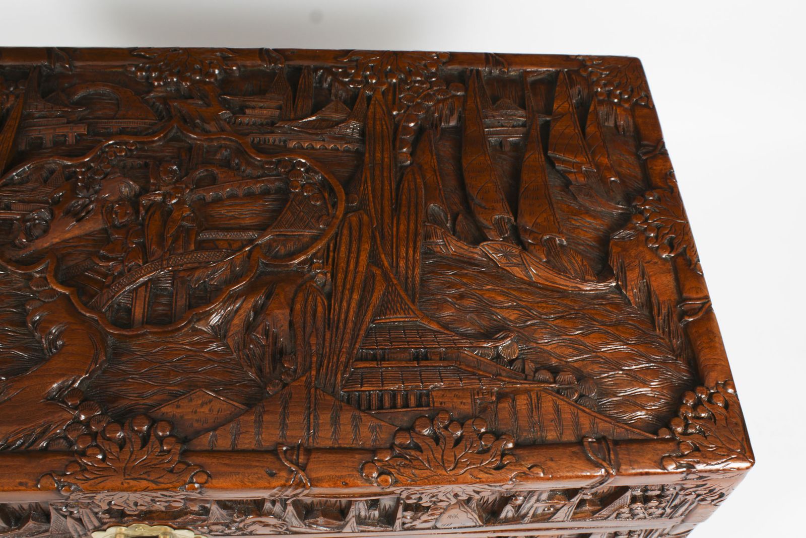 Furniture Antique Chinese Carved Camphor Wood Trunk Coffer 20th Century photo