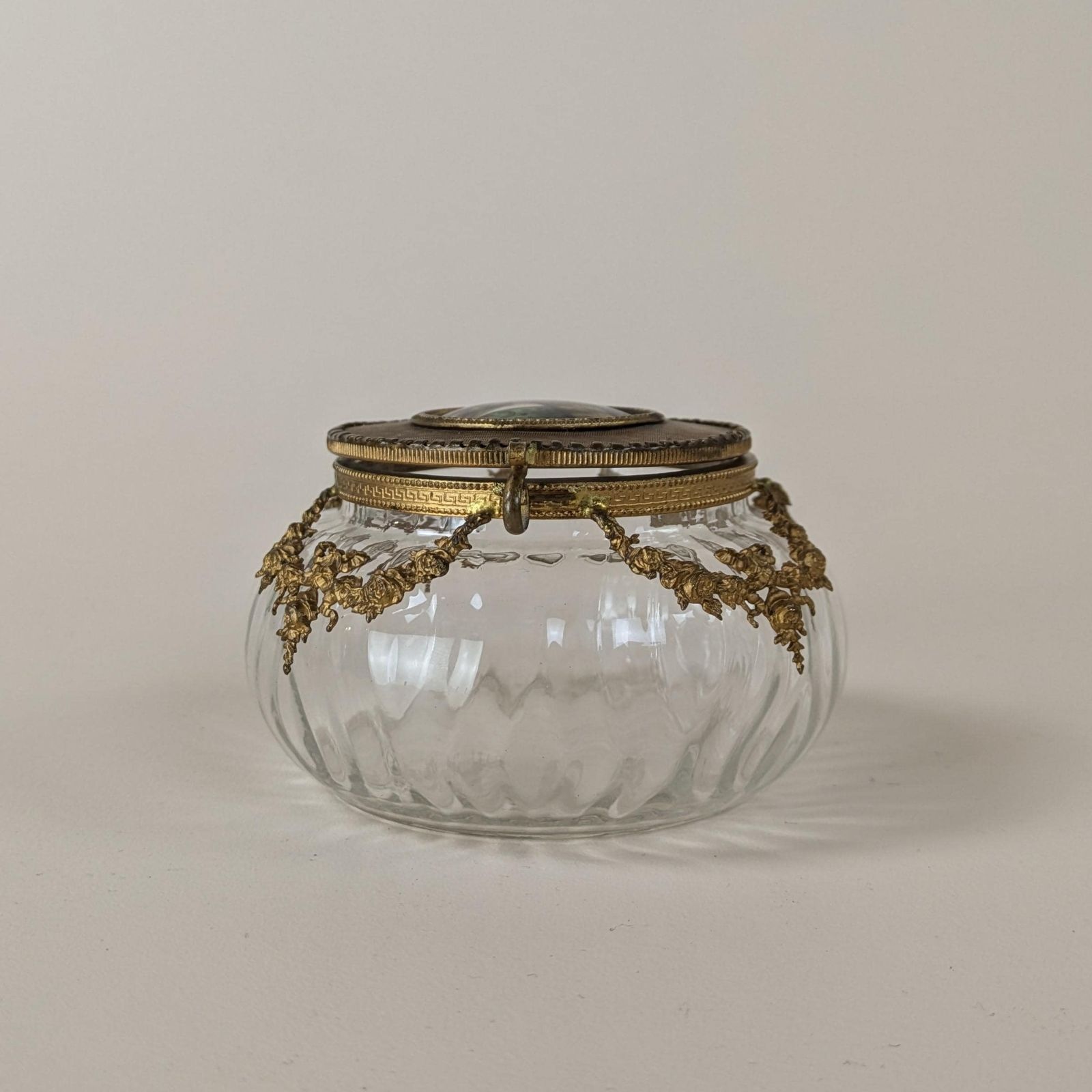 Antique French Neoclassic Gilt Bronze Glass And Painted Porcelain Portrait Powder Box With Mirror, 19th Century Trinket Container photo for sale