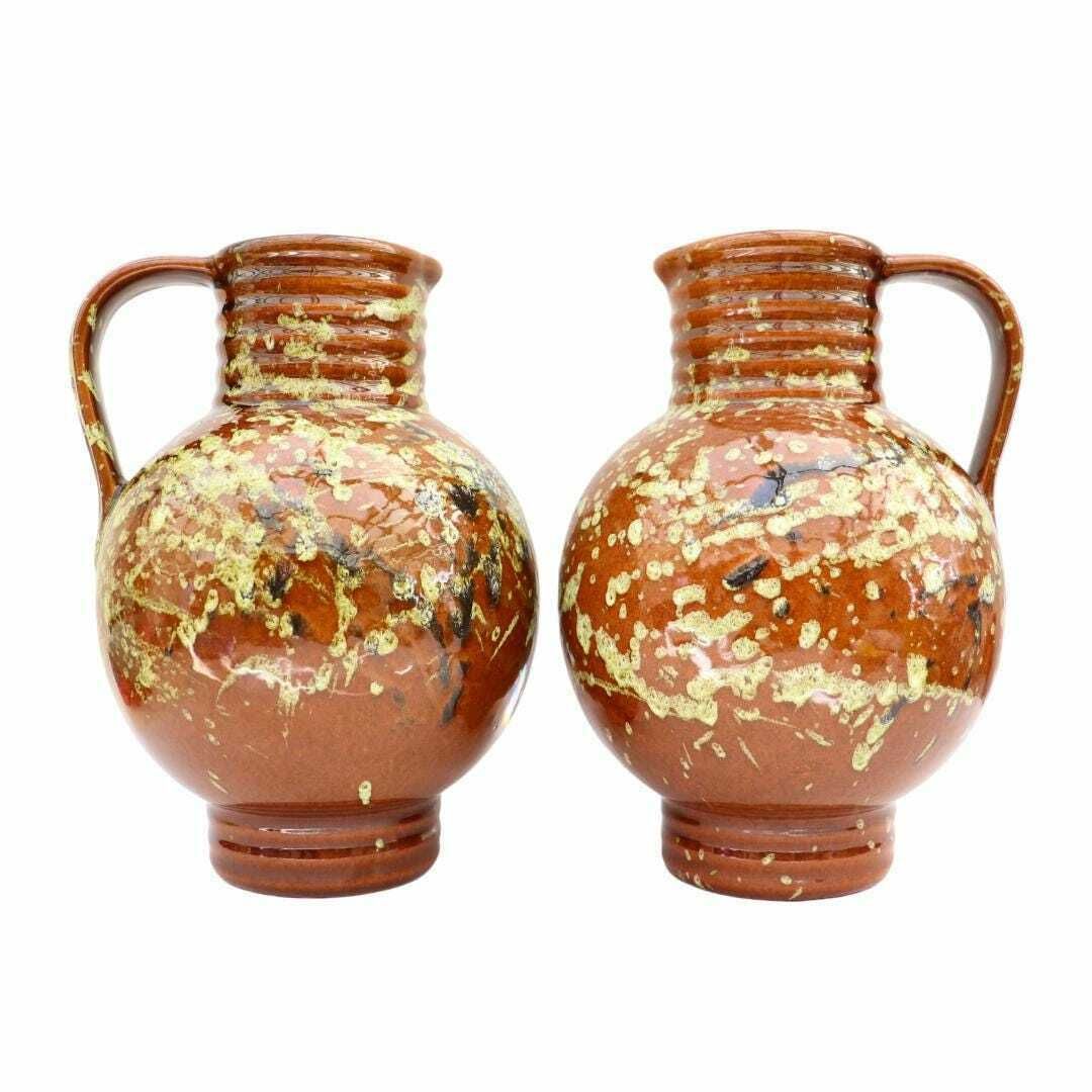Pair Of Mid Century Marei Keramik Vase Jug 7302 Brown And Deep Blue, Pair Of West German Vases Earthy Tones photo vinterior