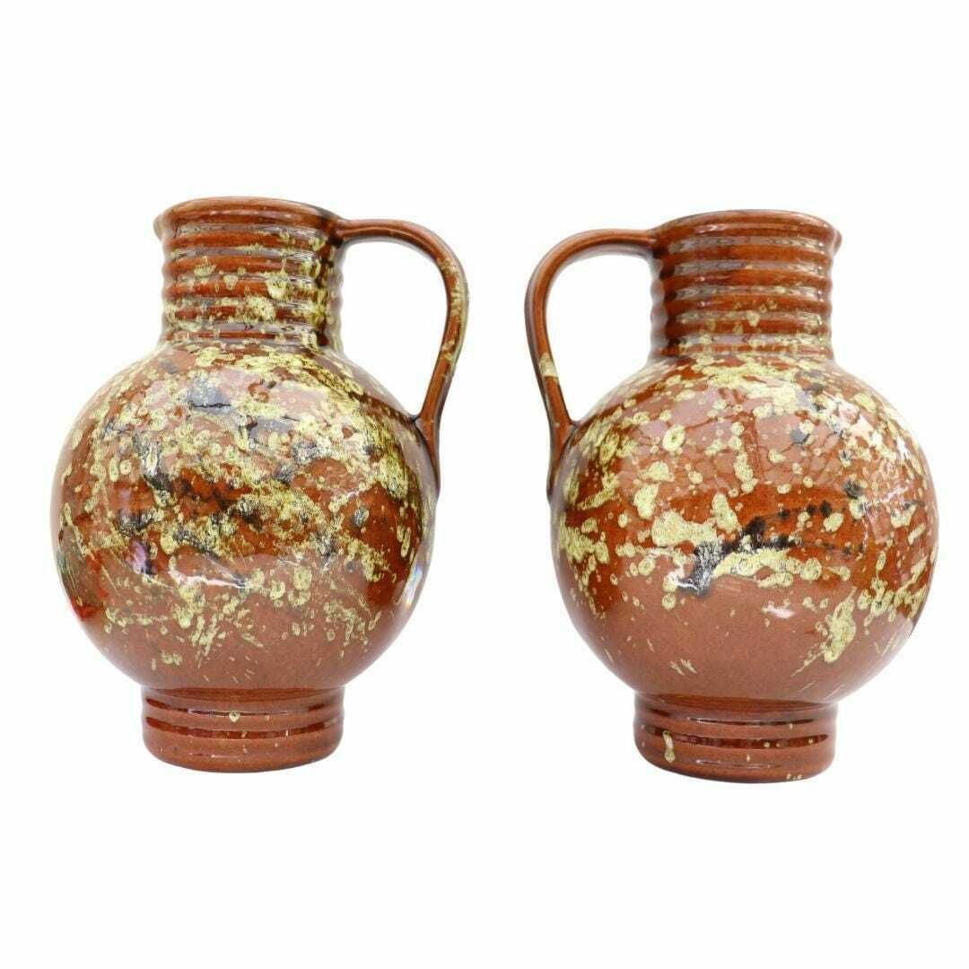 Pair Of Mid Century Marei Keramik Vase Jug 7302 Brown And Deep Blue, Pair Of West German Vases Earthy Tones photo vintage