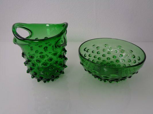 Italian Green Bubble Glass Bowls By Empoli, 1960s, Set Of 2