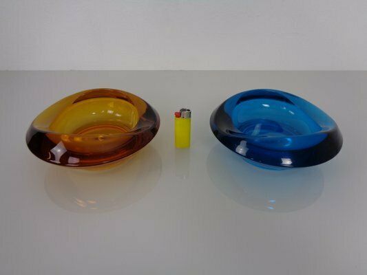 Amber & Blue Sklo Union Glass Ashtrays By Rudolf Jurnikl, Czechoslovakia, 1960s, Set Of 2 photo 200.0