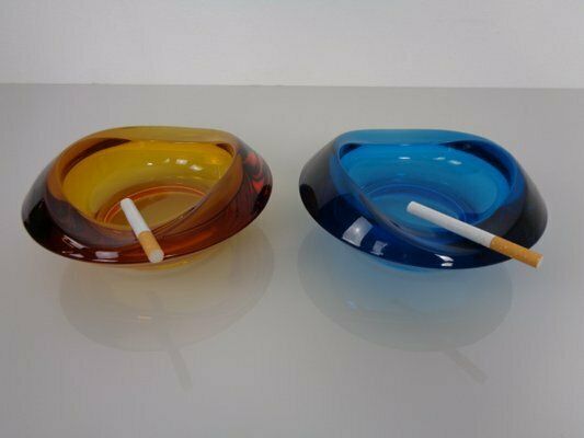 Amber & Blue Sklo Union Glass Ashtrays By Rudolf Jurnikl, Czechoslovakia, 1960s, Set Of 2 photo buy