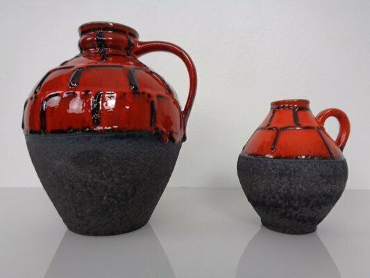 Red & Black Lava Ceramic Vases By Heinz Siery For Carstens, 1960s, Set Of 2
