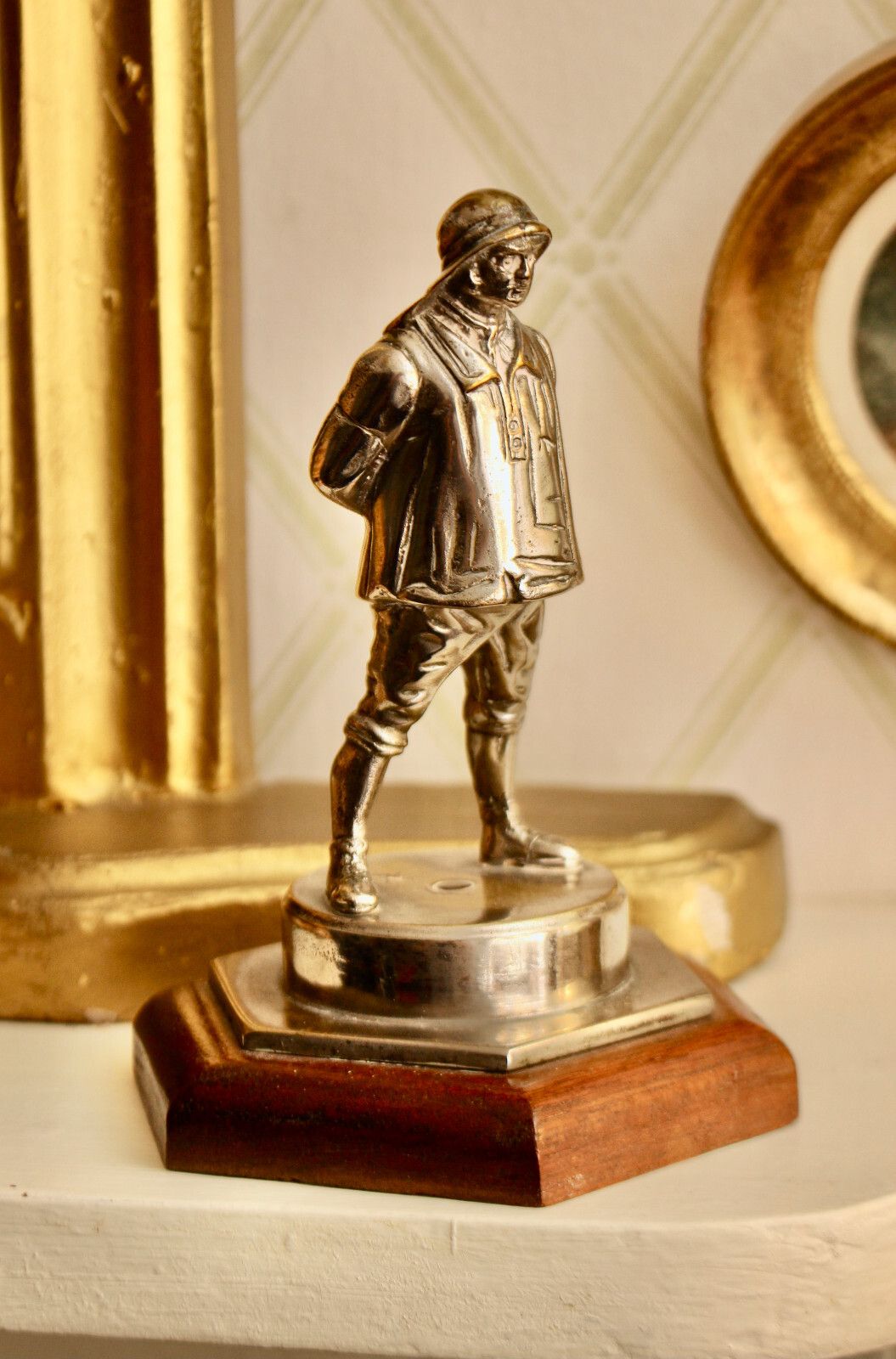 A Nickel/Chrome Plated Brass Fisherman Car Bonnet Mascot, Mounted As Paperweight