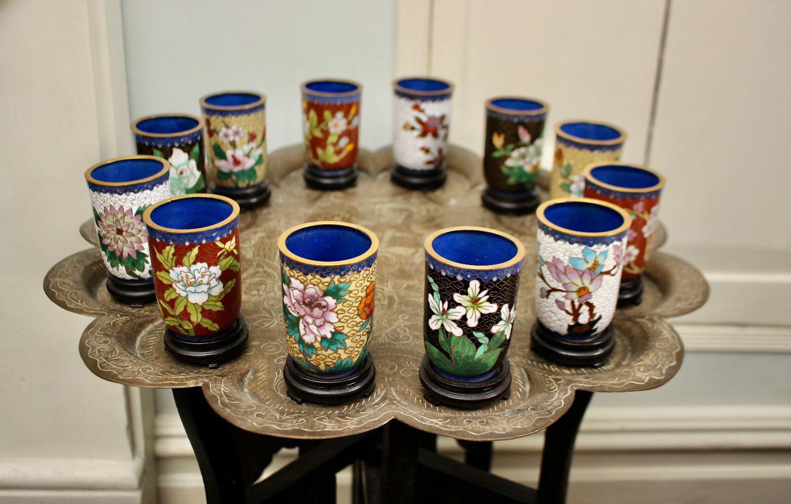 A Quality Set Of 12 Chinese Cloisonné Beakers Tumblers On Stands