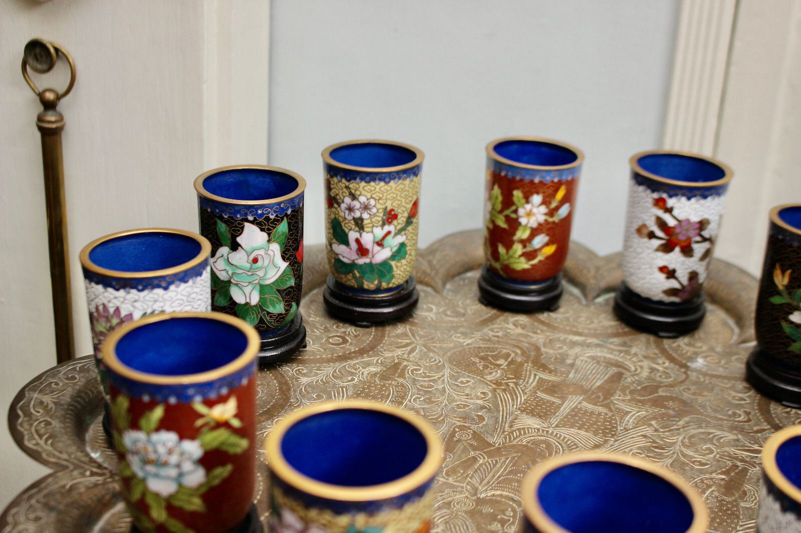 A Quality Set Of 12 Chinese Cloisonné Beakers Tumblers On Stands photo for sale