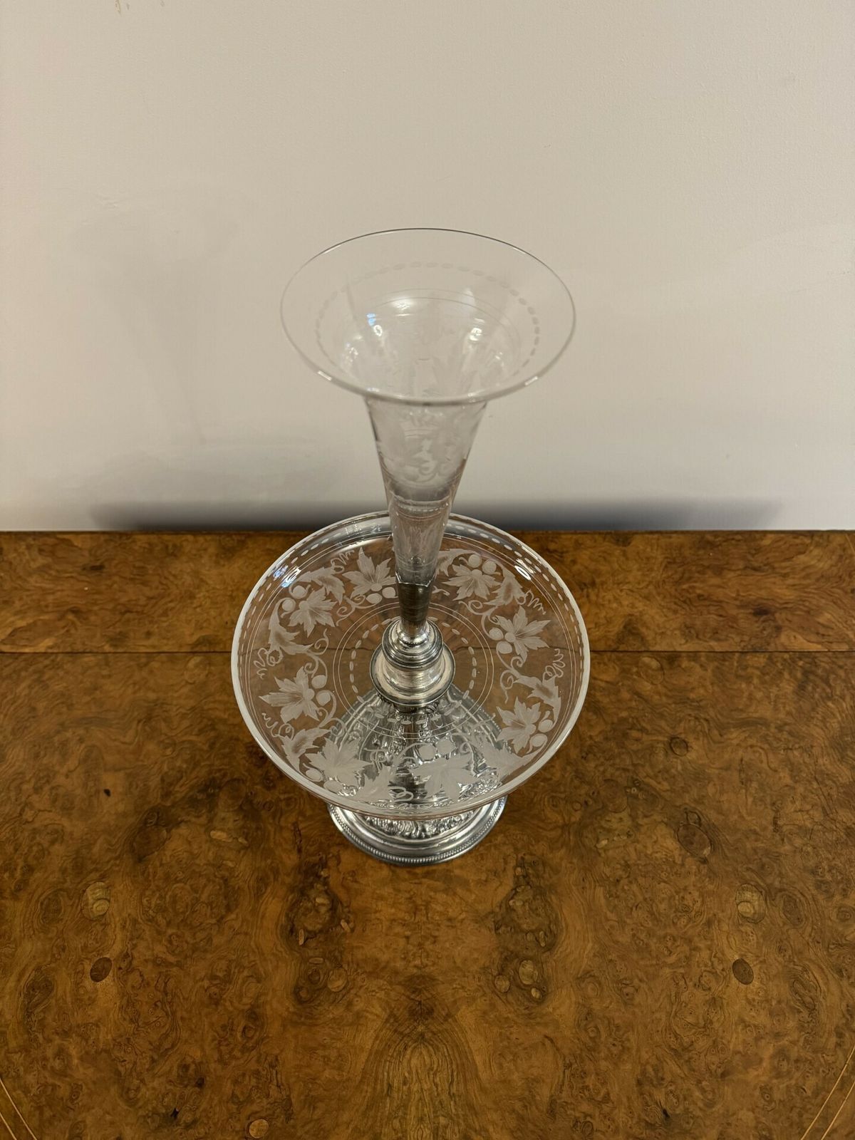 Fine Quality Antique Silver Plated And Etched Glass Epergne By Walker & Hall photo furniture