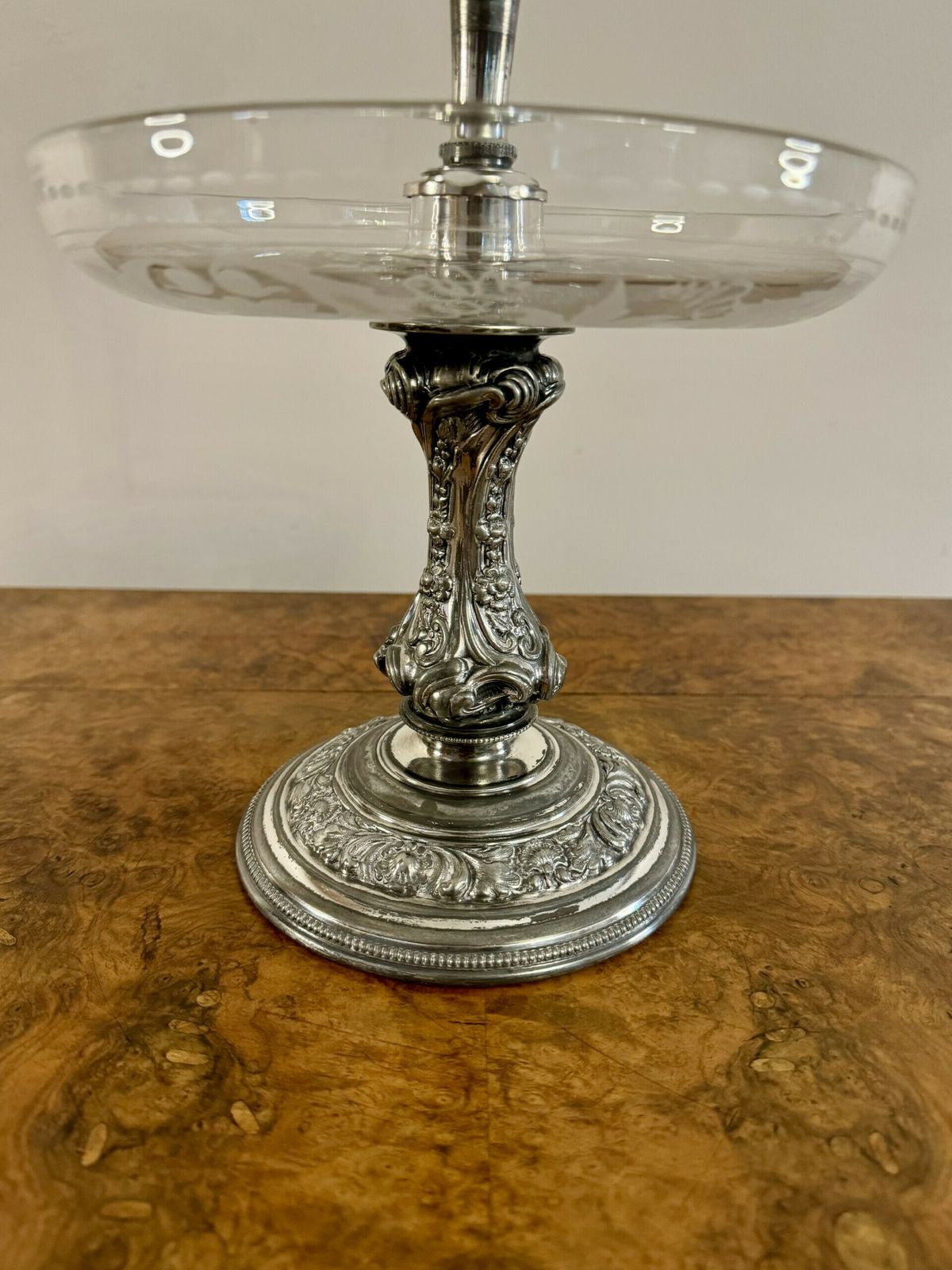 Fine Quality Antique Silver Plated And Etched Glass Epergne By Walker & Hall photo 575.0