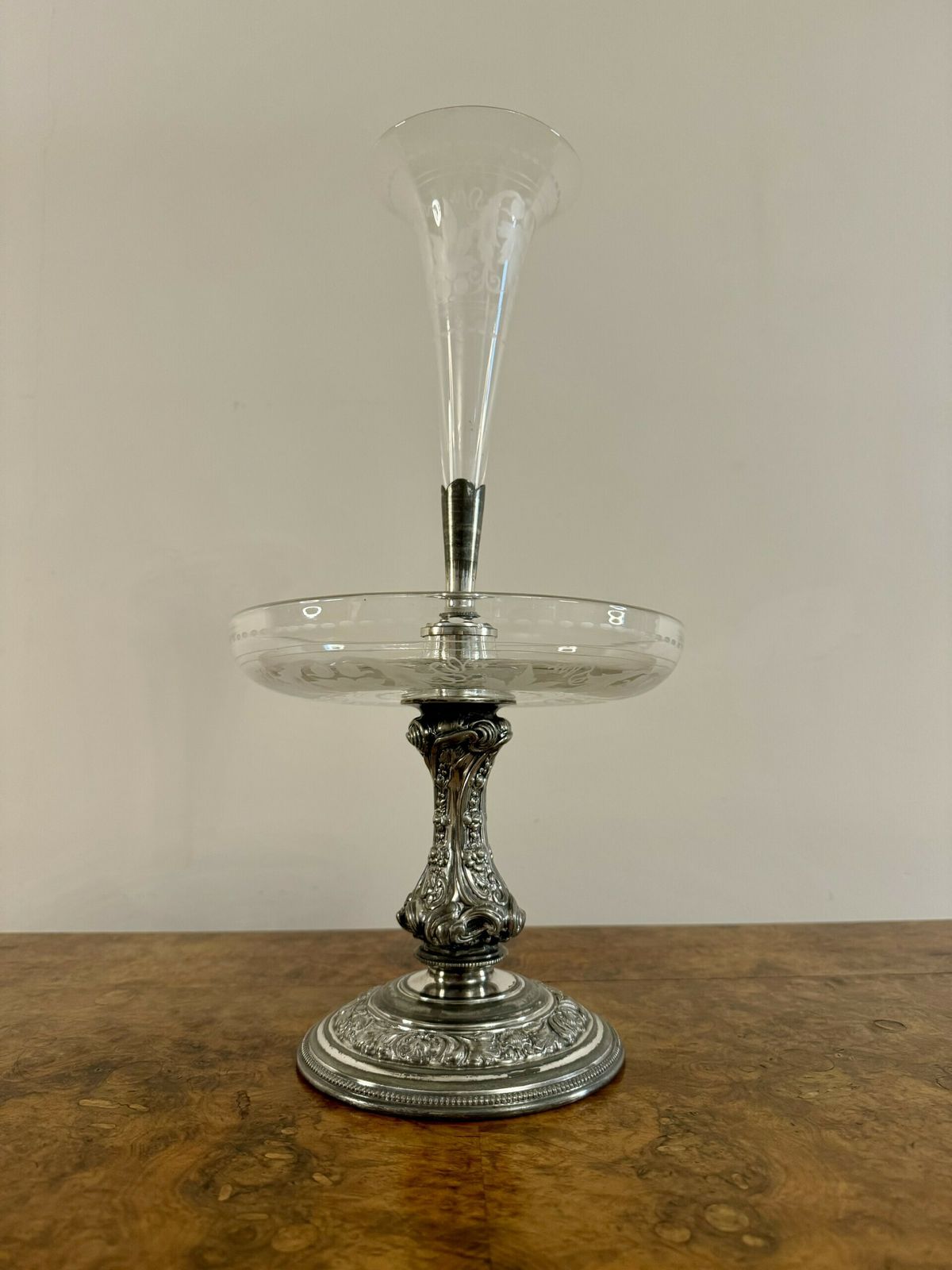 Fine Quality Antique Silver Plated And Etched Glass Epergne By Walker & Hall photo vinterior