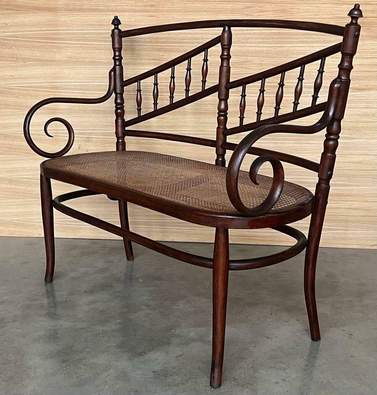 Canapé en bois courbé de style Thonet, siège canné, vers 1925 photo vintage