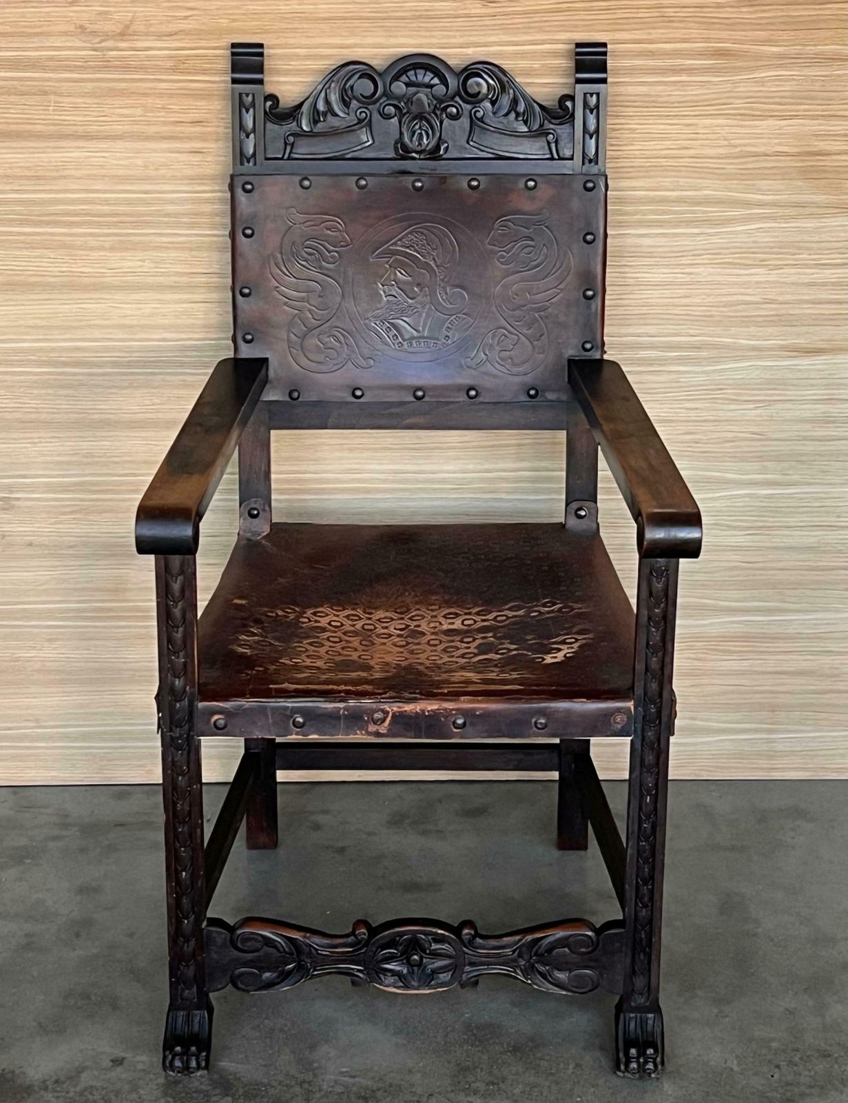 19th Spanish Carved Walnut Armchair With New Black Leather And Solomonic Columns photo furniture