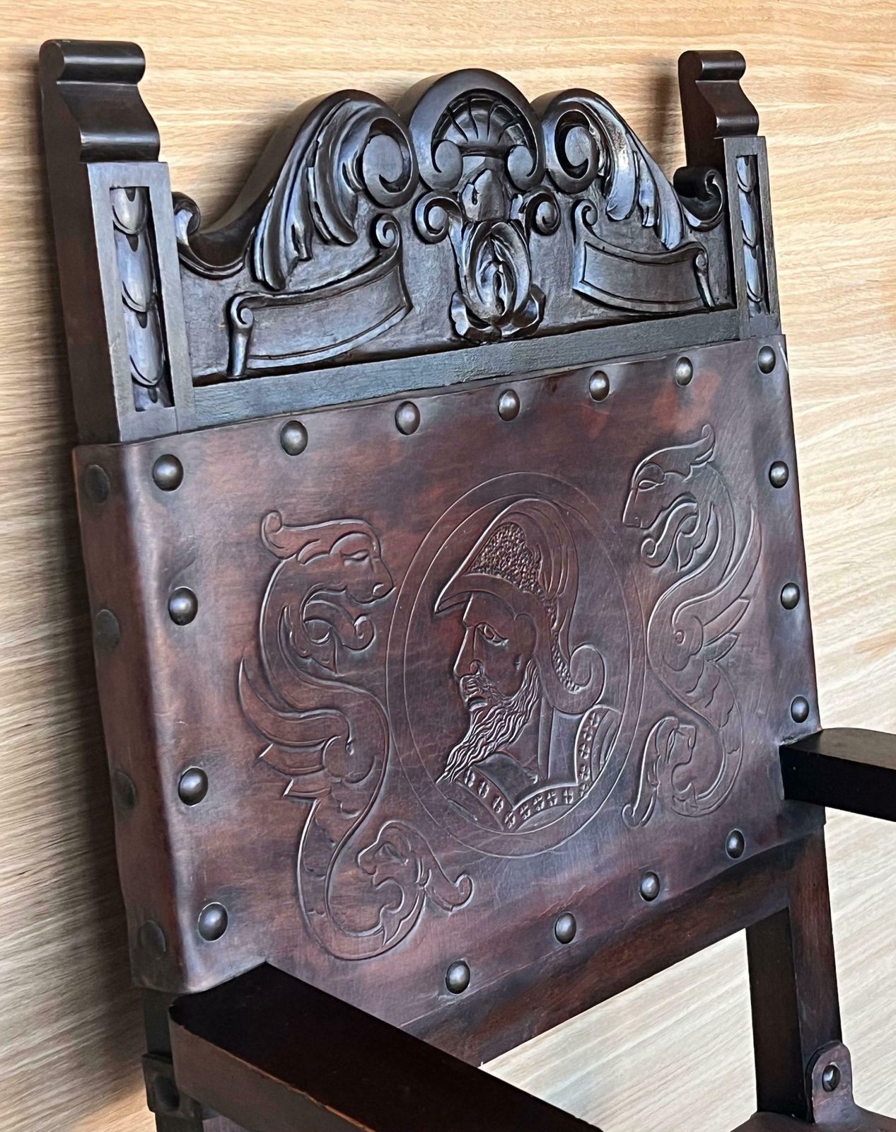 19th Spanish Carved Walnut Armchair With New Black Leather And Solomonic Columns photo vinterior
