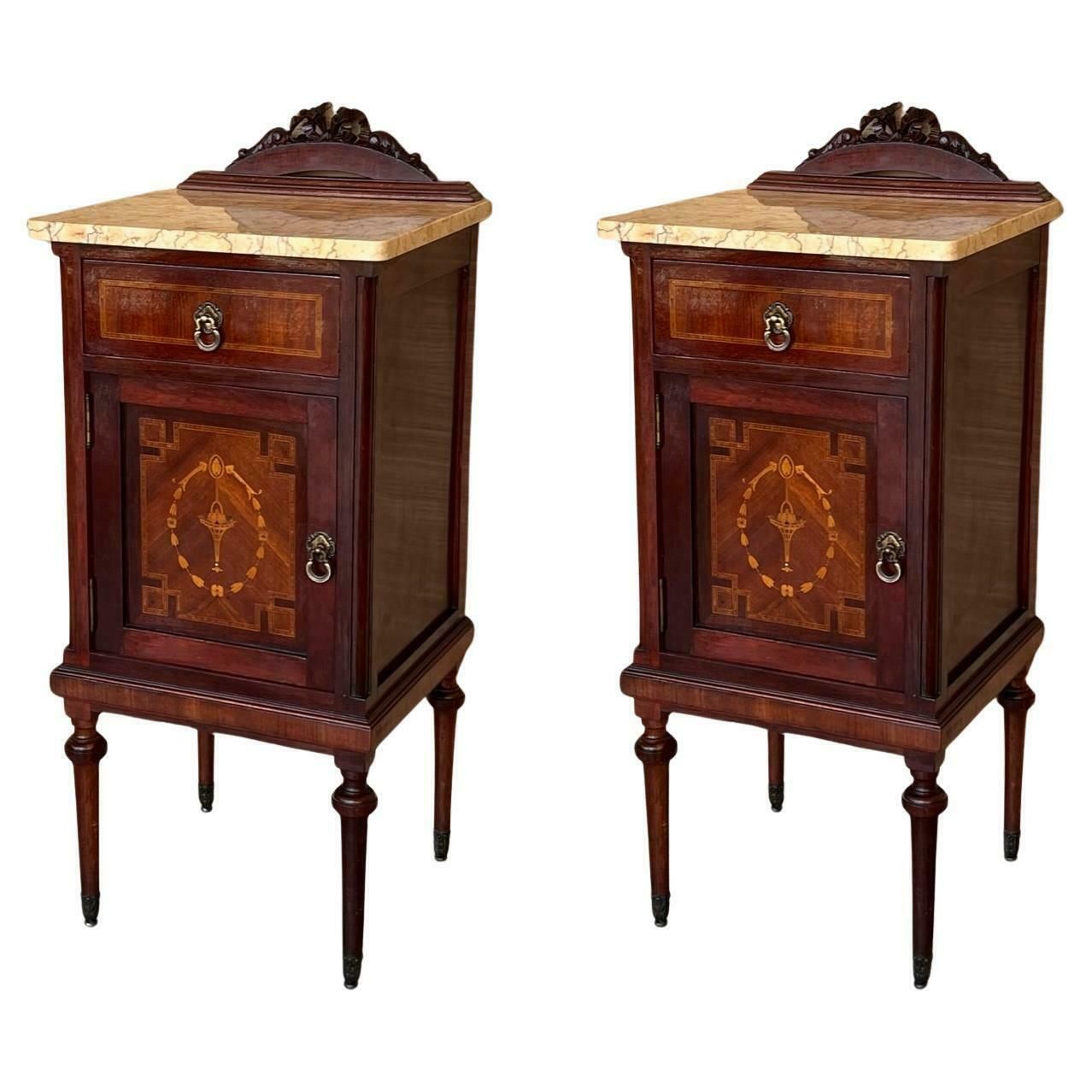 20th Century Pair Of Louis XVI Style Marble Top, Bronze And Walnut Nightstands