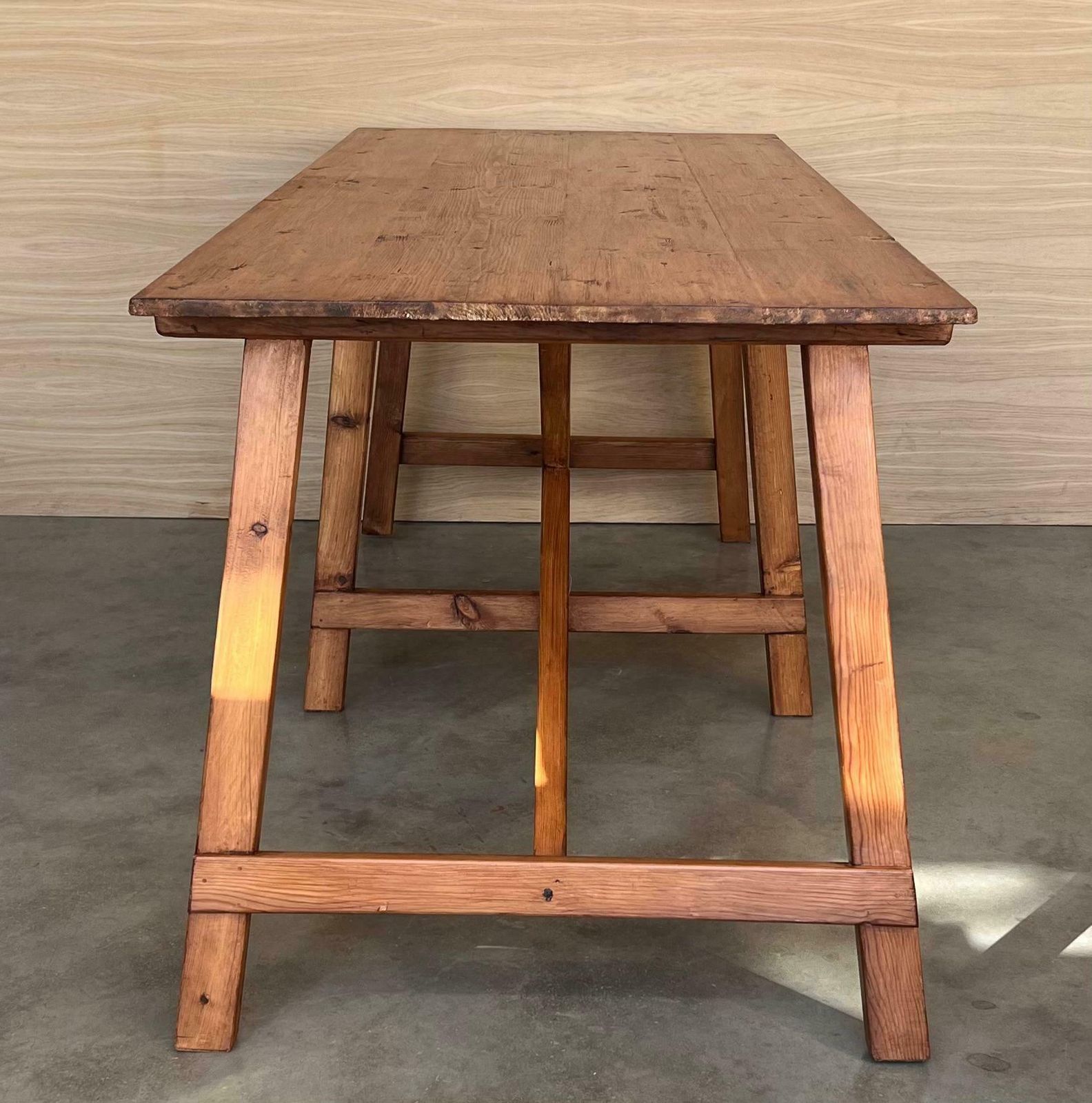 Set Of Two Spanish Rustic Pine Dining Tables With Stretcher photo vinterior