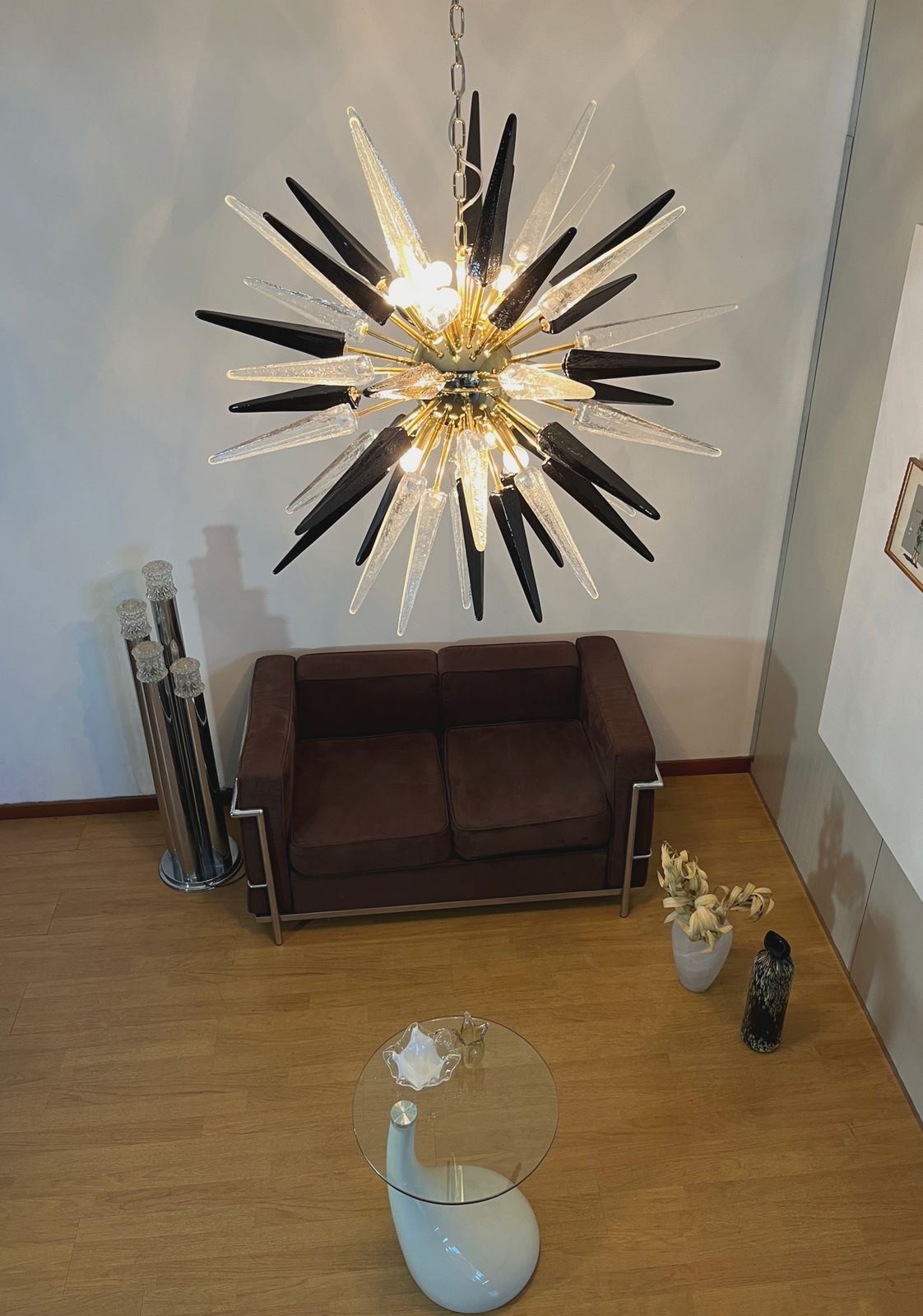 Exceptional Murano Trasparent And Black Glass Sputnik Chandelier   51 Glasses photo vinterior