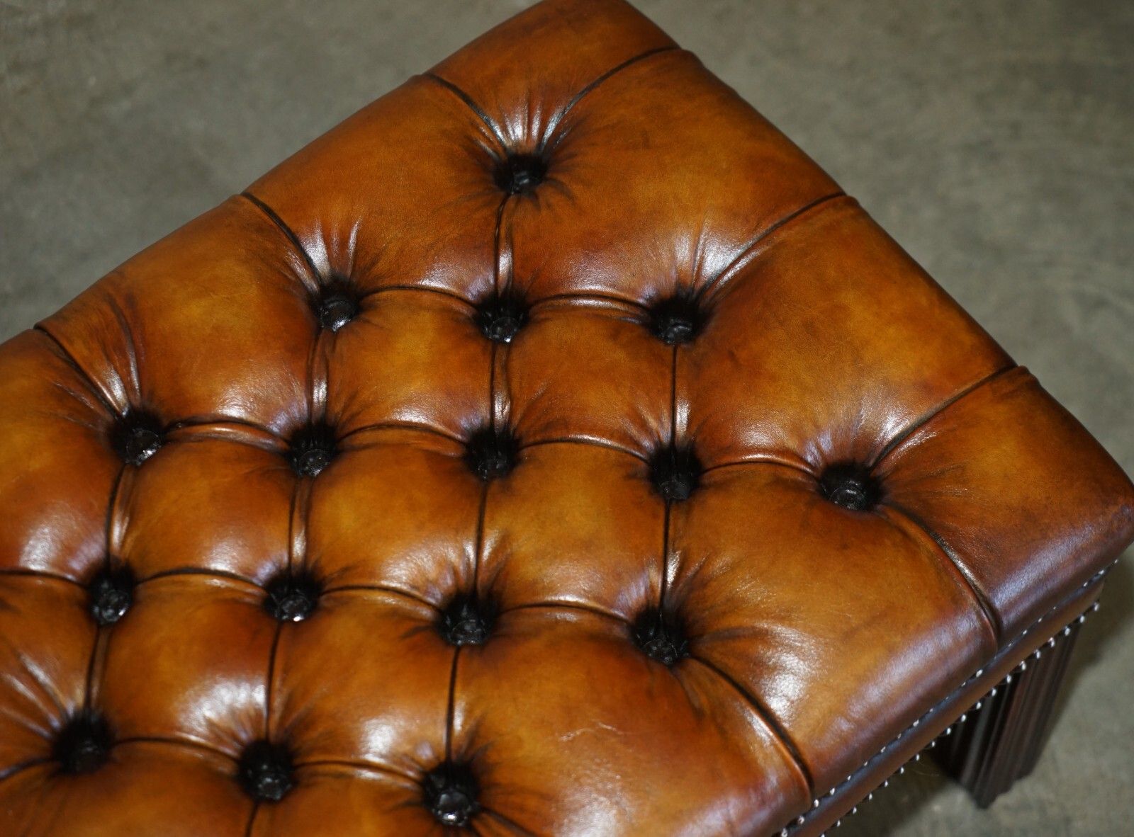 Pair Of Fully Restored Vintage Hand Dyed Brown Leather Chesterfield Footstools photo buy