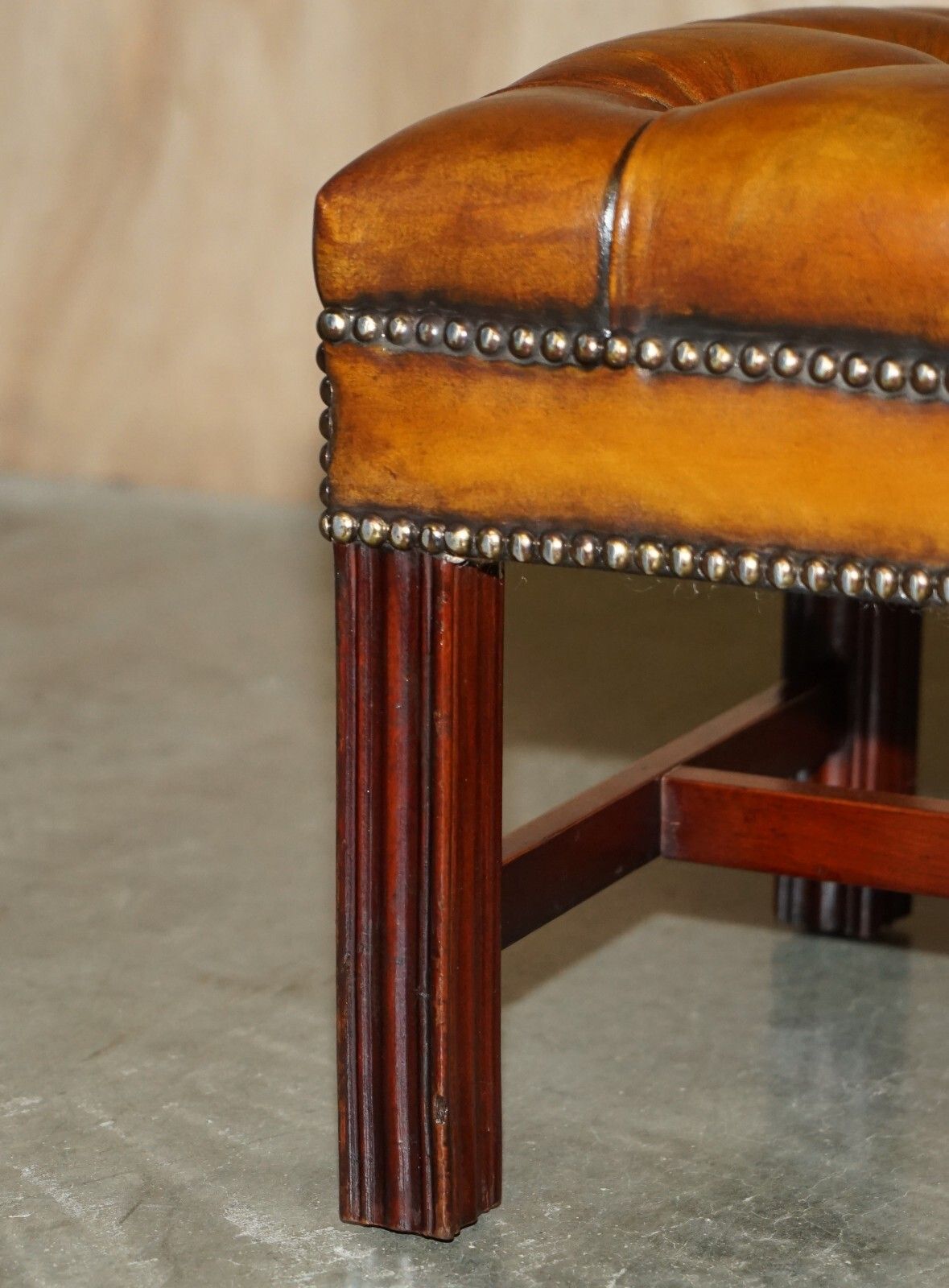 Pair Of Fully Restored Vintage Hand Dyed Brown Leather Chesterfield Footstools photo vintage