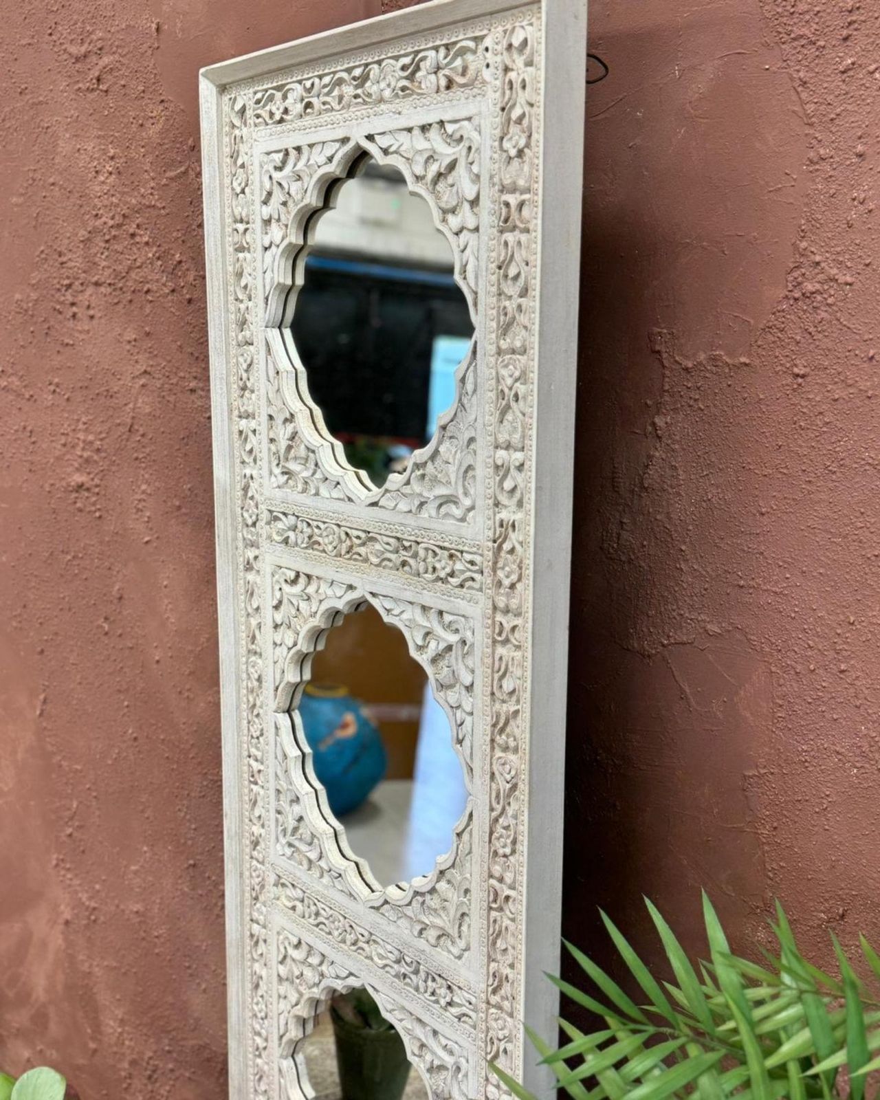 Hand Carved Wall Mirror With Traditional Indian Design In Mango Wood photo Home Decor