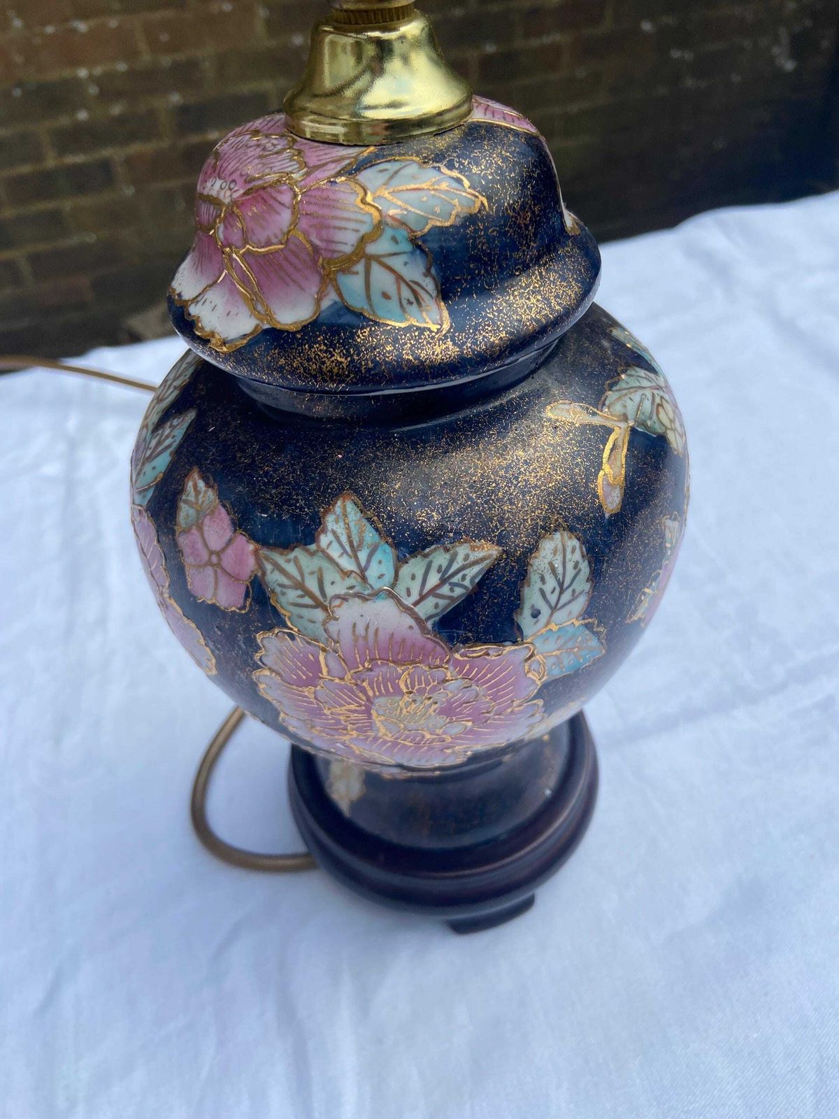 Original Vintage C A Lighting Oriental Ginger Jar Style Table Lamp   Navy And Gold With Pink Bold Flowers   Working Condition photo buy