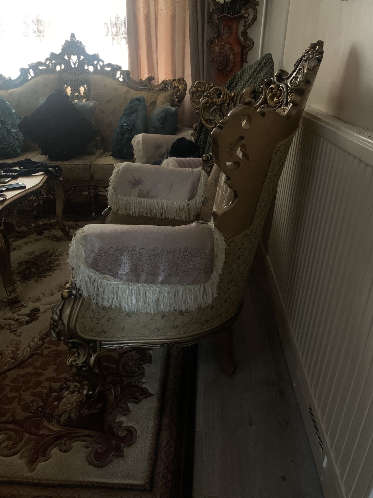 Elegant Antique Gold 3 Seat Sofa With Exquisite Carved Frame And A Matching Set Of 4 Chairs. photo furniture