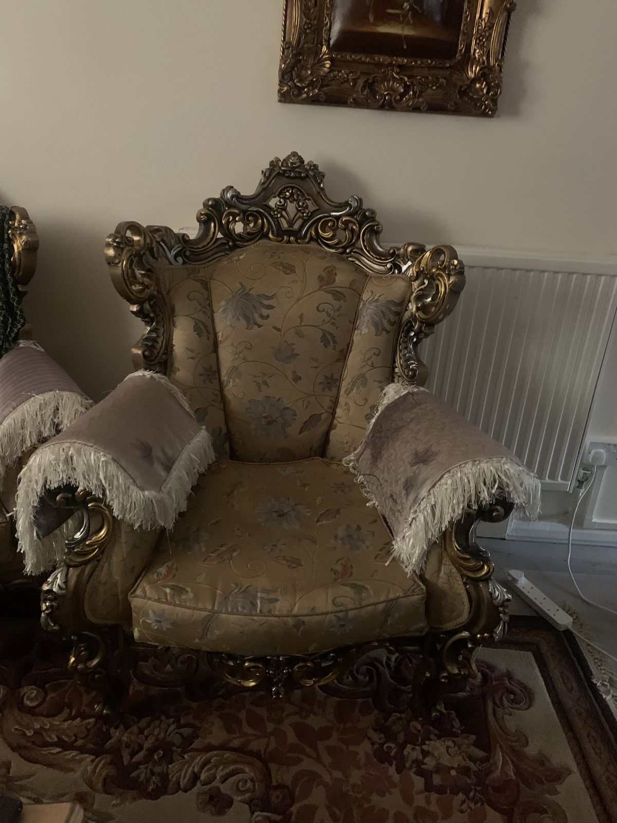 Elegant Antique Gold 3 Seat Sofa With Exquisite Carved Frame And A Matching Set Of 4 Chairs.