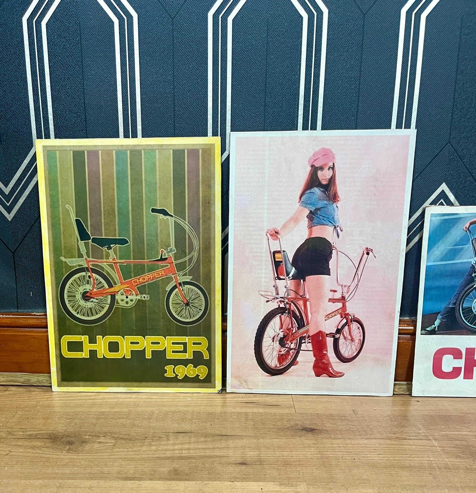 Retro Style Chopper Art Picture, Bike Advertising, Vintage Frame, Wall Design, Nostalgia Piece photo Art