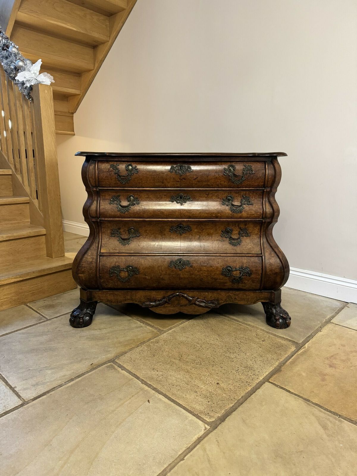 Outstanding Quality 18th Century Dutch Antique Burr Walnut Bombe Chest Of Drawers
