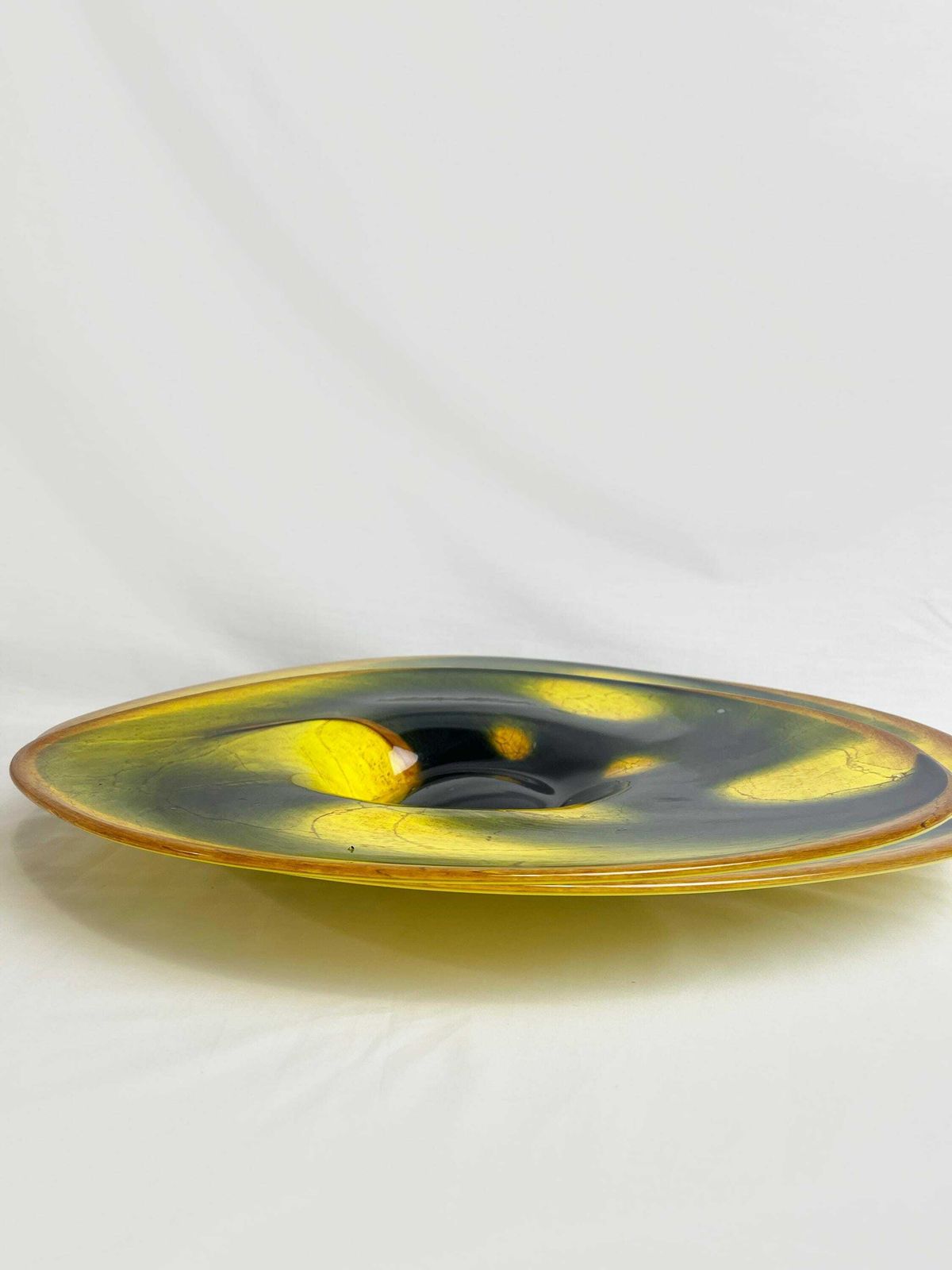 Vintage Large Yellow And Black Glass Bowl. Large Unusual Glass Dish, Vintage Artglass, Mid Century Modern Aesthetic, Original photo for sale