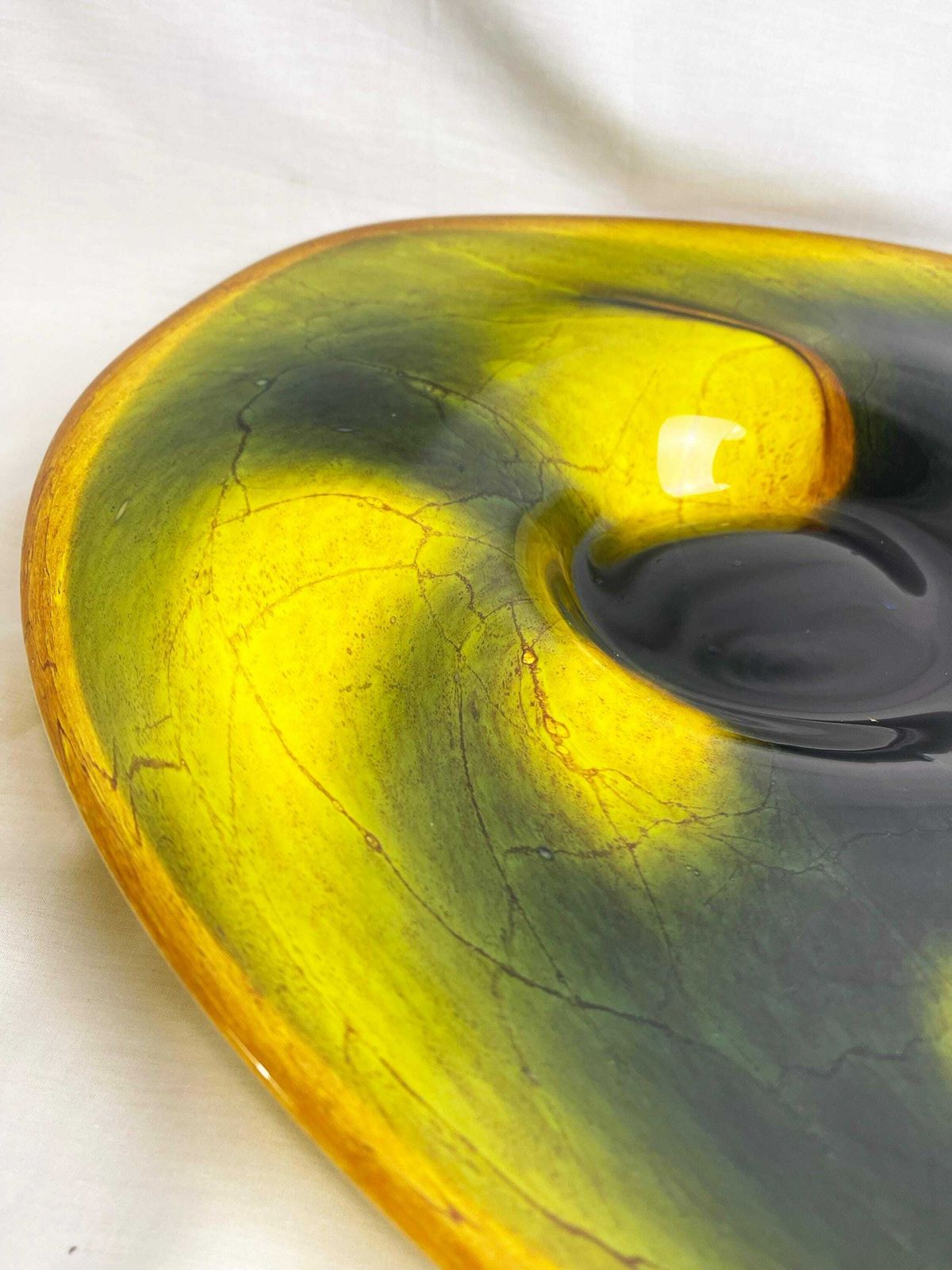 Vintage Large Yellow And Black Glass Bowl. Large Unusual Glass Dish, Vintage Artglass, Mid Century Modern Aesthetic, Original photo buy