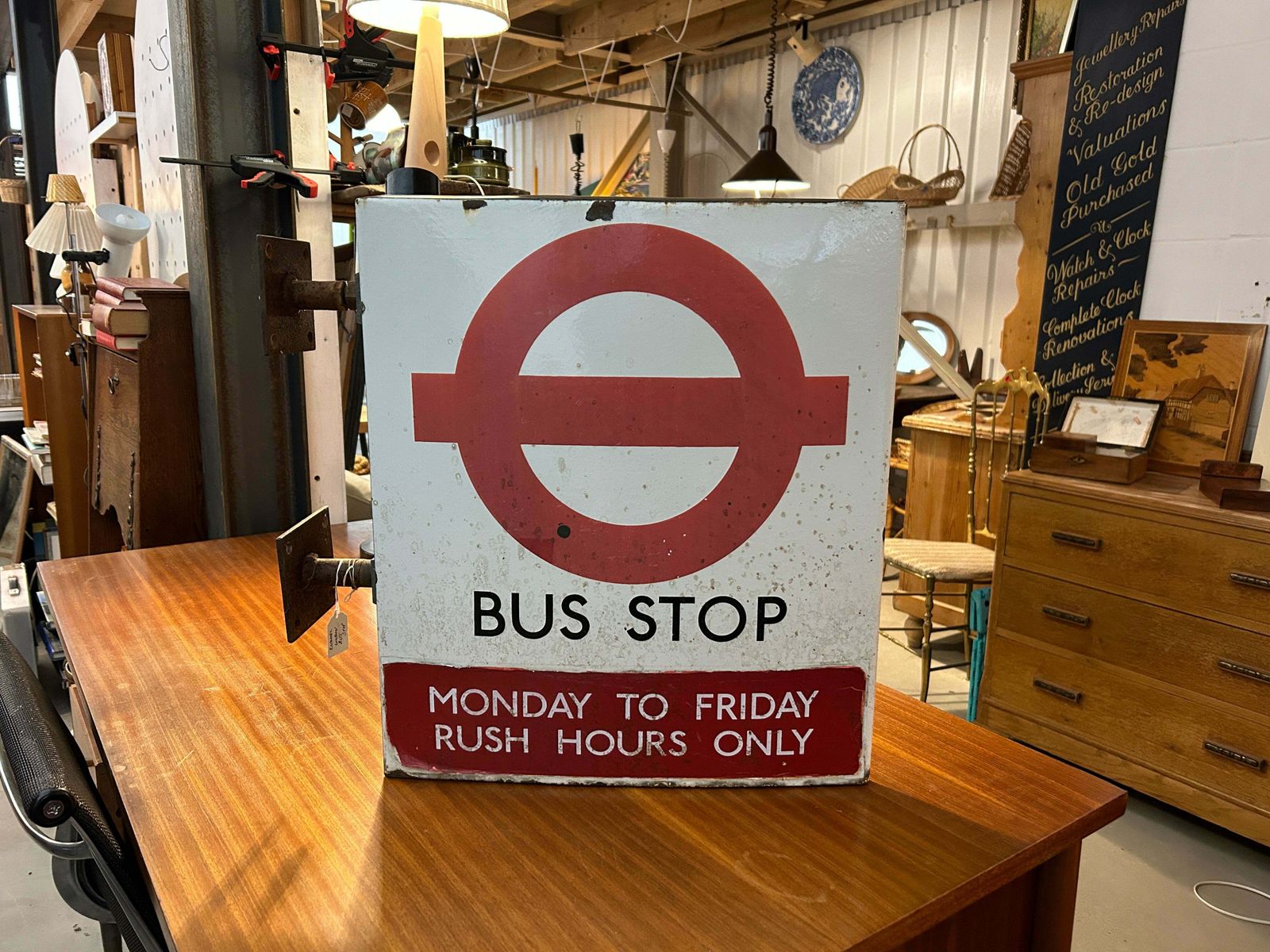 20th Century Vintage Enamel London Bus Stop 'Flag' Sign photo furniture