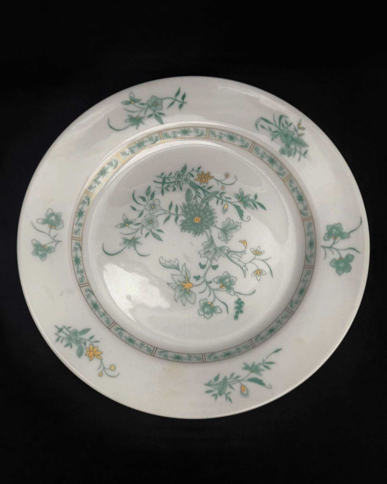 6 Porcelain Bernardaud Limoges Dinner Plates Set Pekin Pattern Discontinued Replacement Golden Rim Romantic Green Plants Flowers Christmas