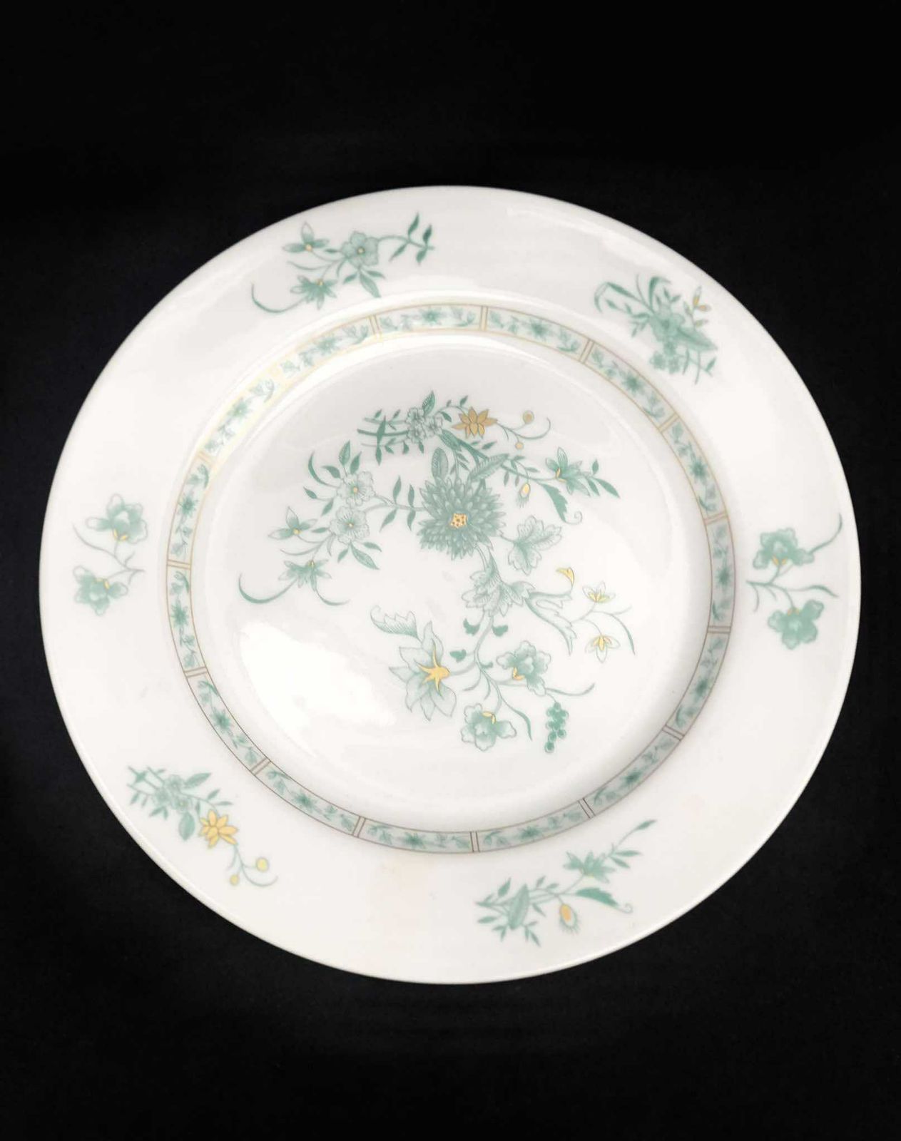 6 Porcelain Bernardaud Limoges Dinner Plates Set Pekin Pattern Discontinued Replacement Golden Rim Romantic Green Plants Flowers Christmas photo Home Decor