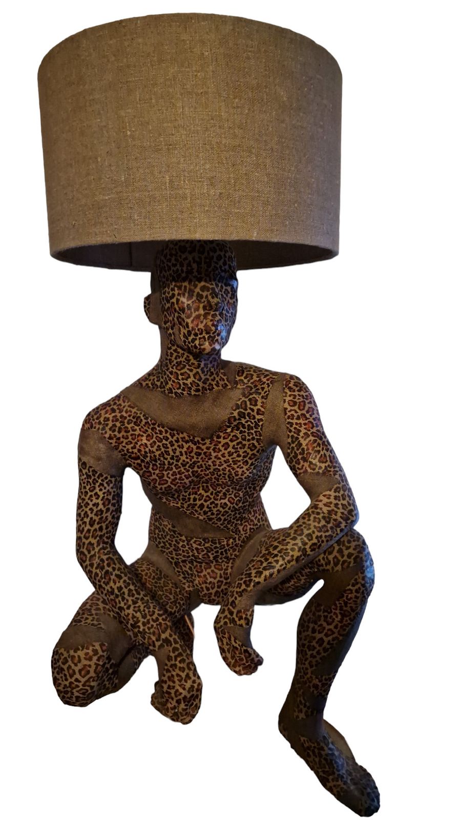 Jorge, By Dolly Fixtures. Vintage Mannequin Lamp In Superhero Pose, Clad In Animal Print. photo for sale