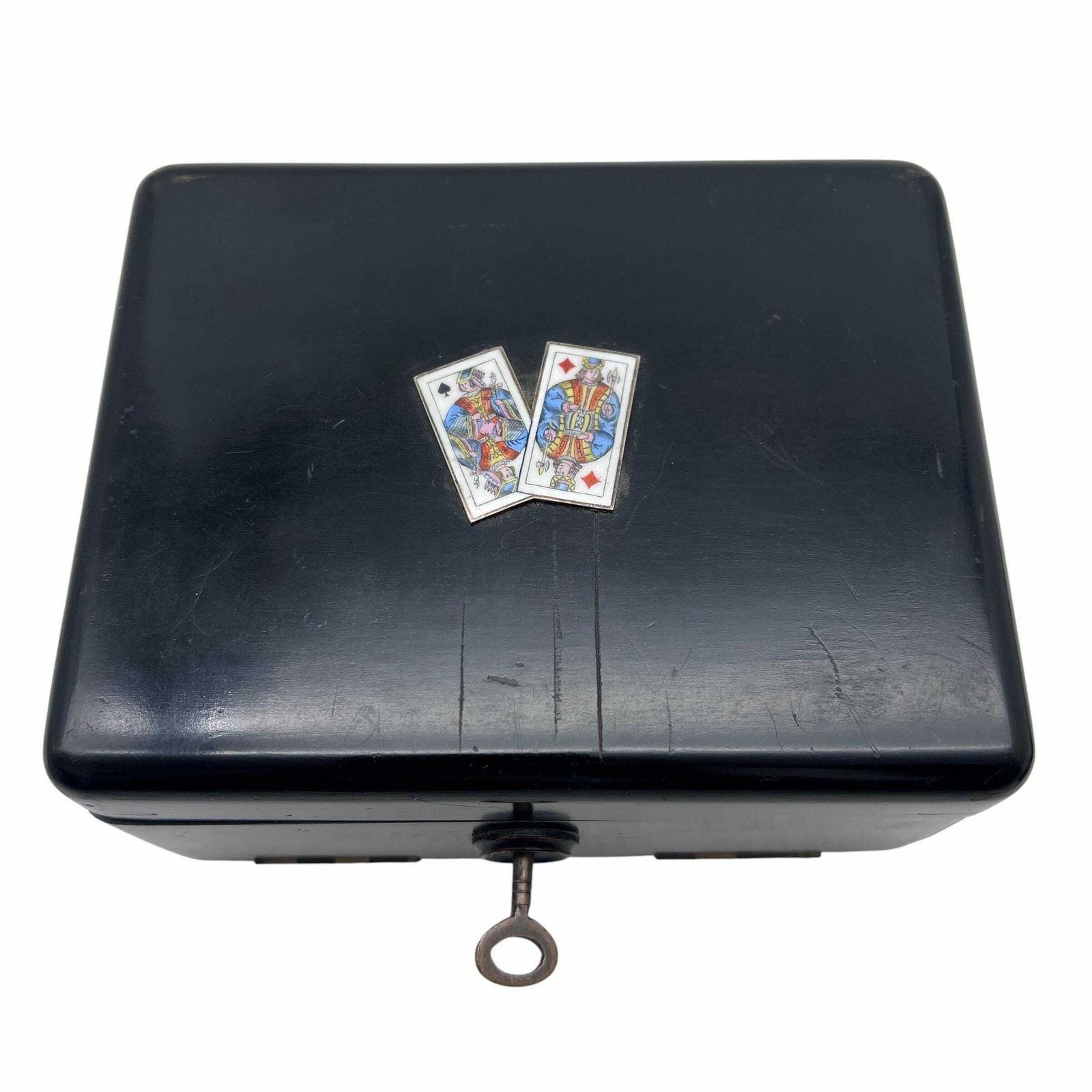 Antique Ebonised Playing Card Box With Key   Silk Lined   Home Decor   Card Games