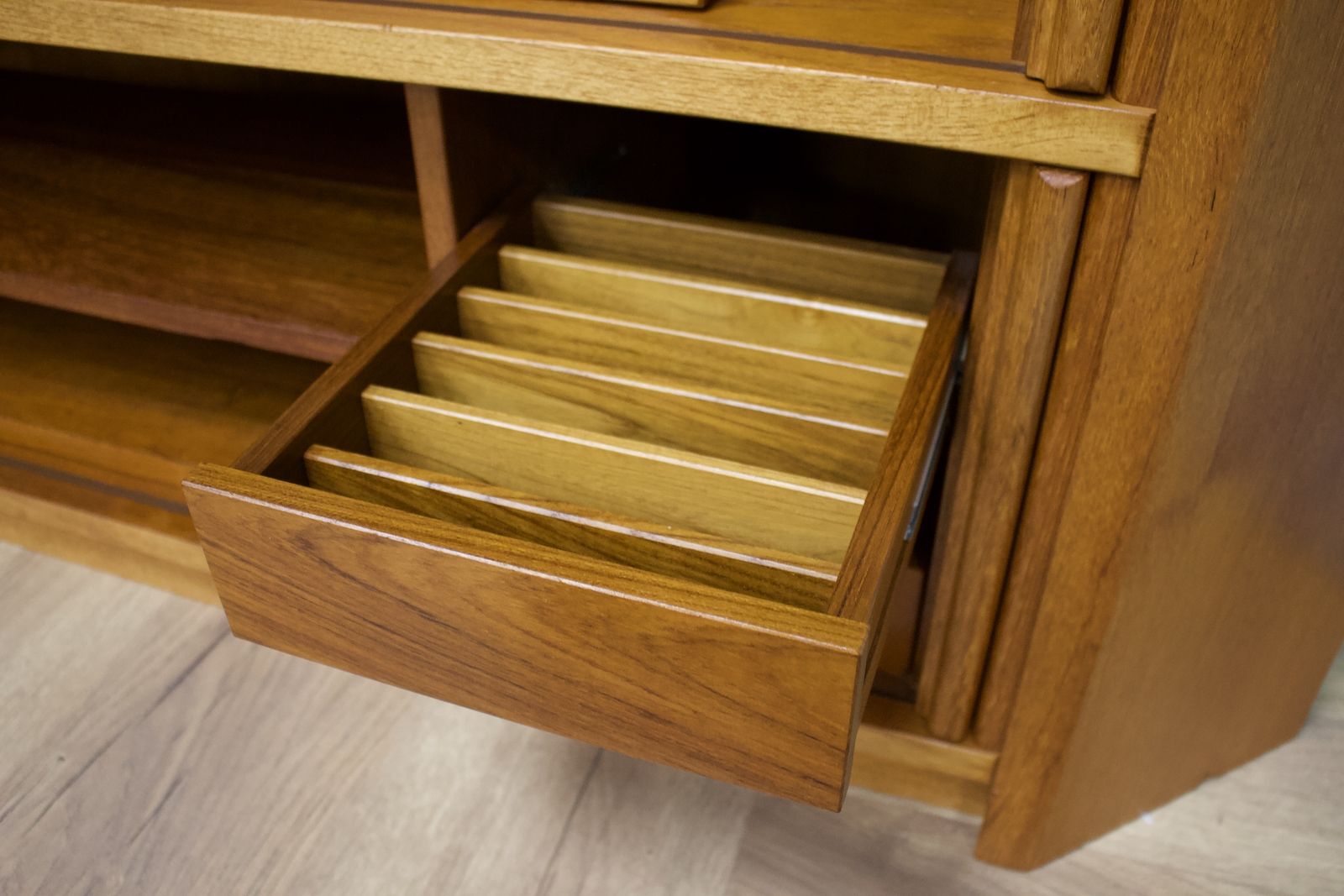photo for sale Mid Century Large Danish Teak Tambour Door Corner Tv Cabinet, 1970s