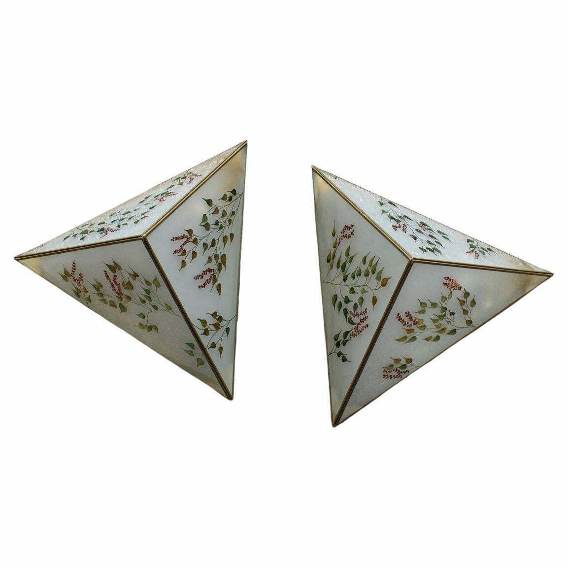 Pair Of Wall Lamps Triangle Design Italian Naturalist Painted Glass
